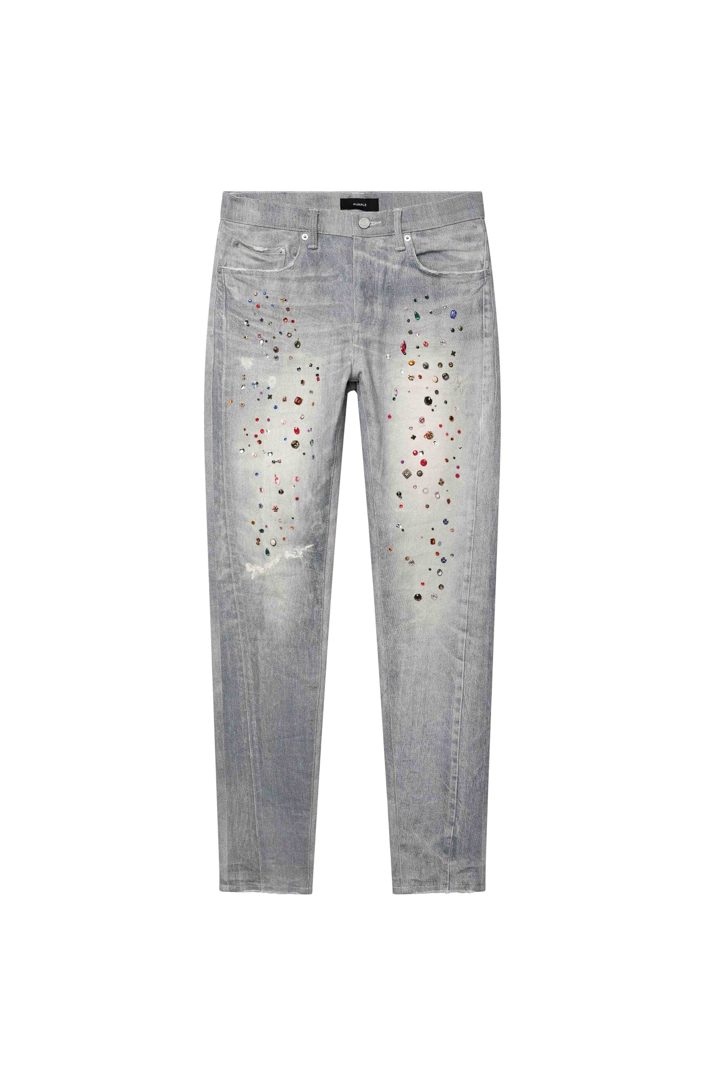 Jewel Print Stretch Skinny Denim in Light Indigo with digital printed jewels and low rise design.