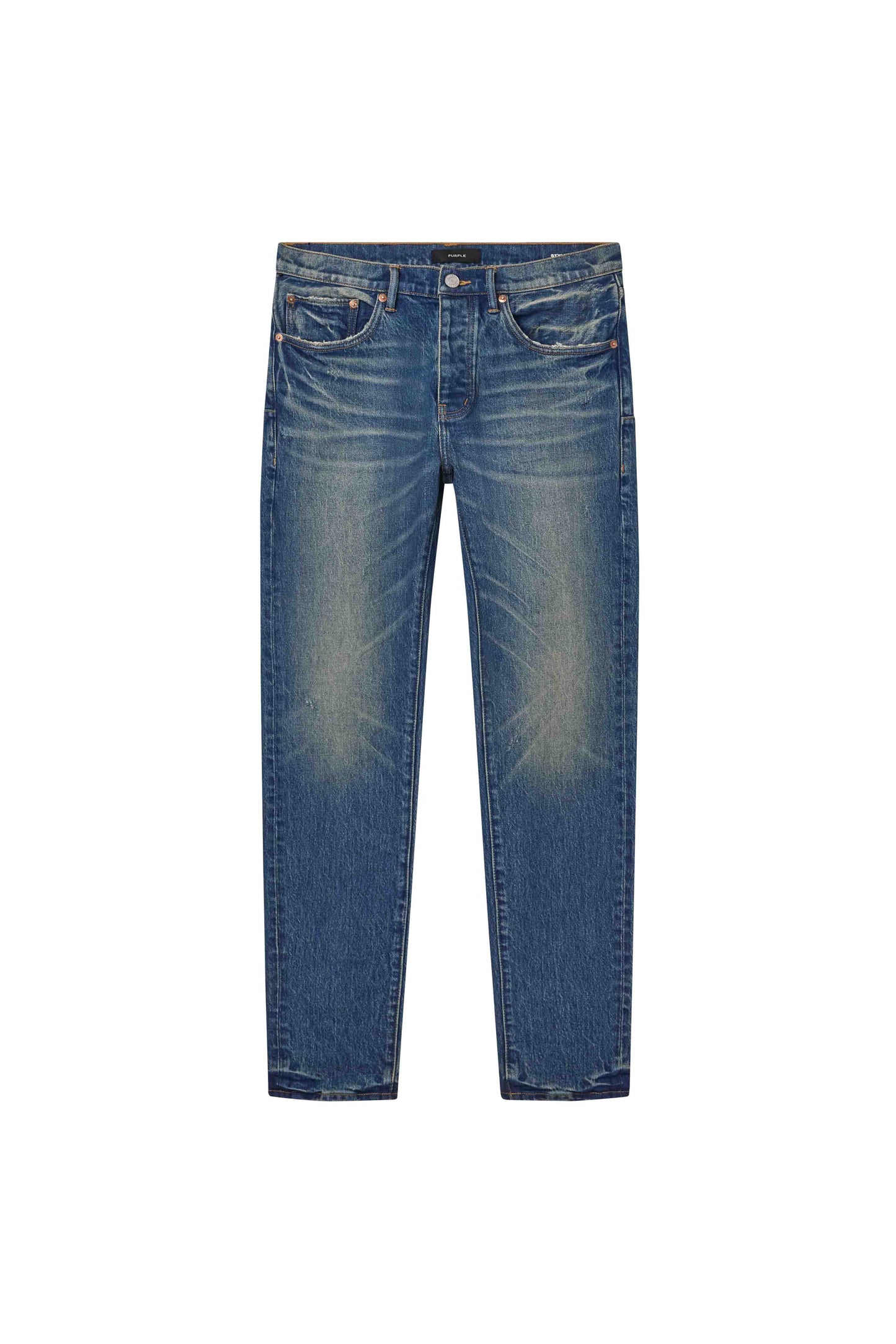 Vintage skinny denim in dark indigo with low rise and premium stretch fabric.