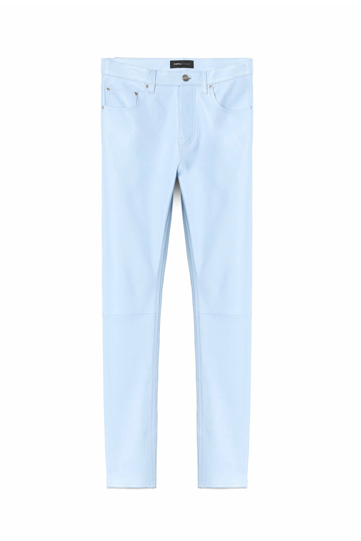 P001 Leather Pant in blue stretch leather, low rise skinny fit, available in various sizes.