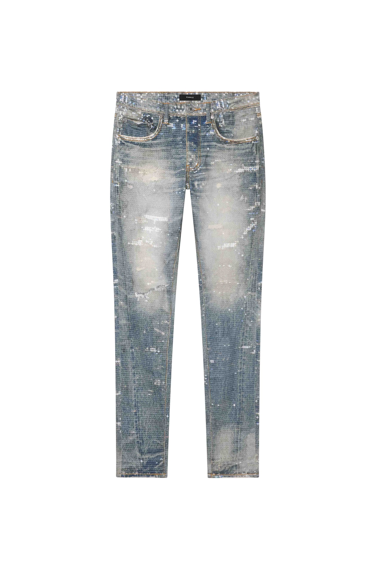 Printed Sequin Denim in Light Indigo with all-over sequin design, available in sizes 28-40.