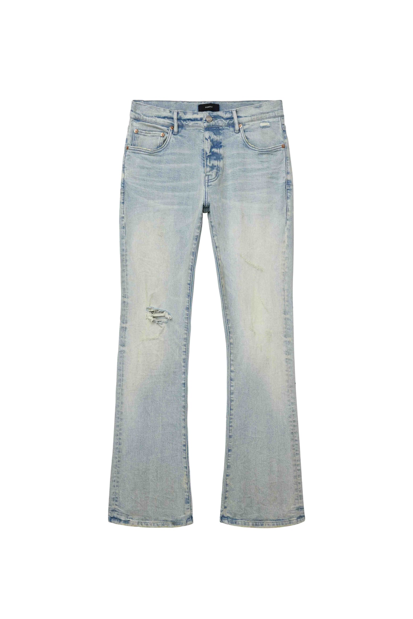 Slim fit flared denim jeans with knee blowouts in light indigo, sizes 28 to 40.