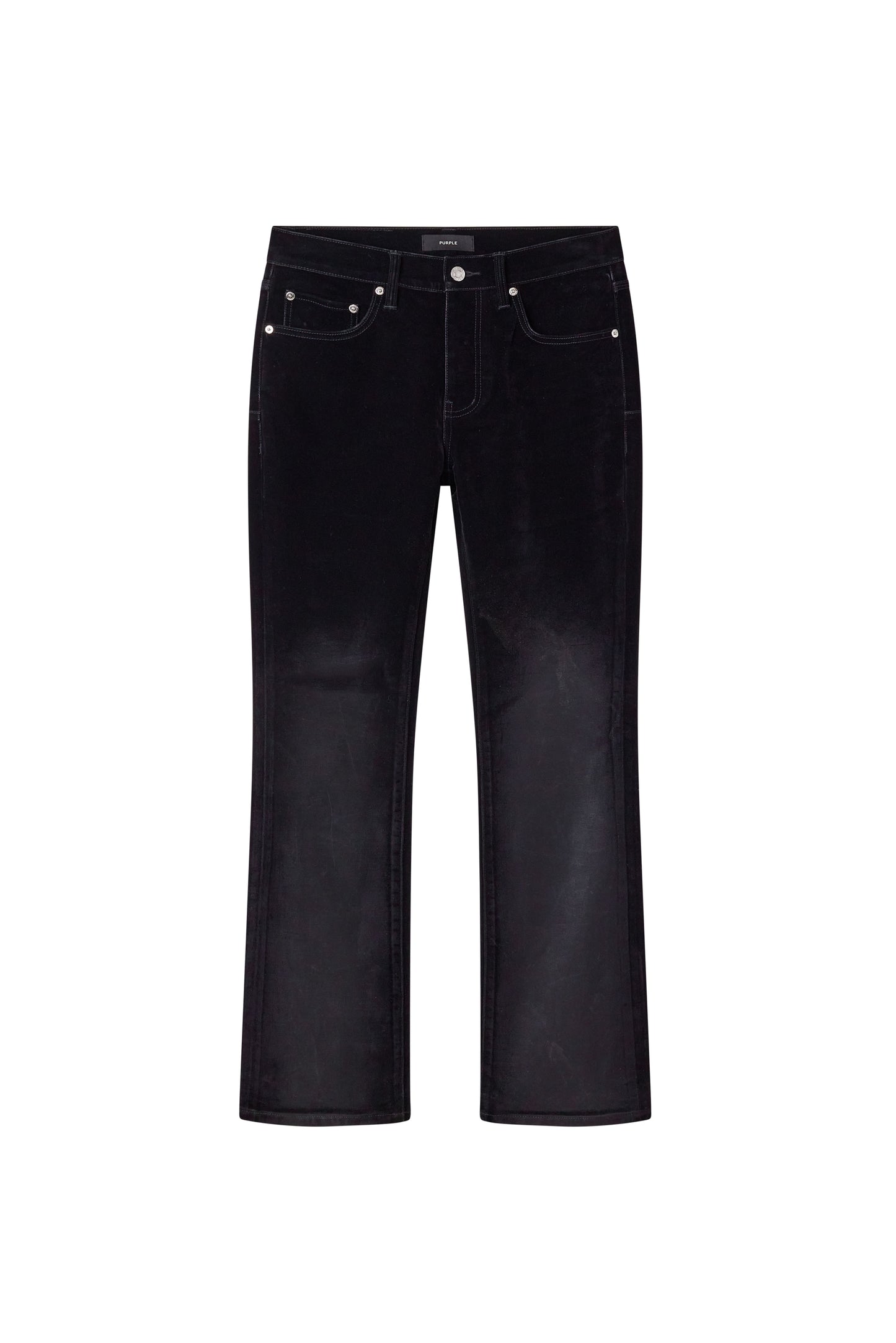 Flocked black flared denim jeans from the P004 Flock Dipped collection, low rise style.