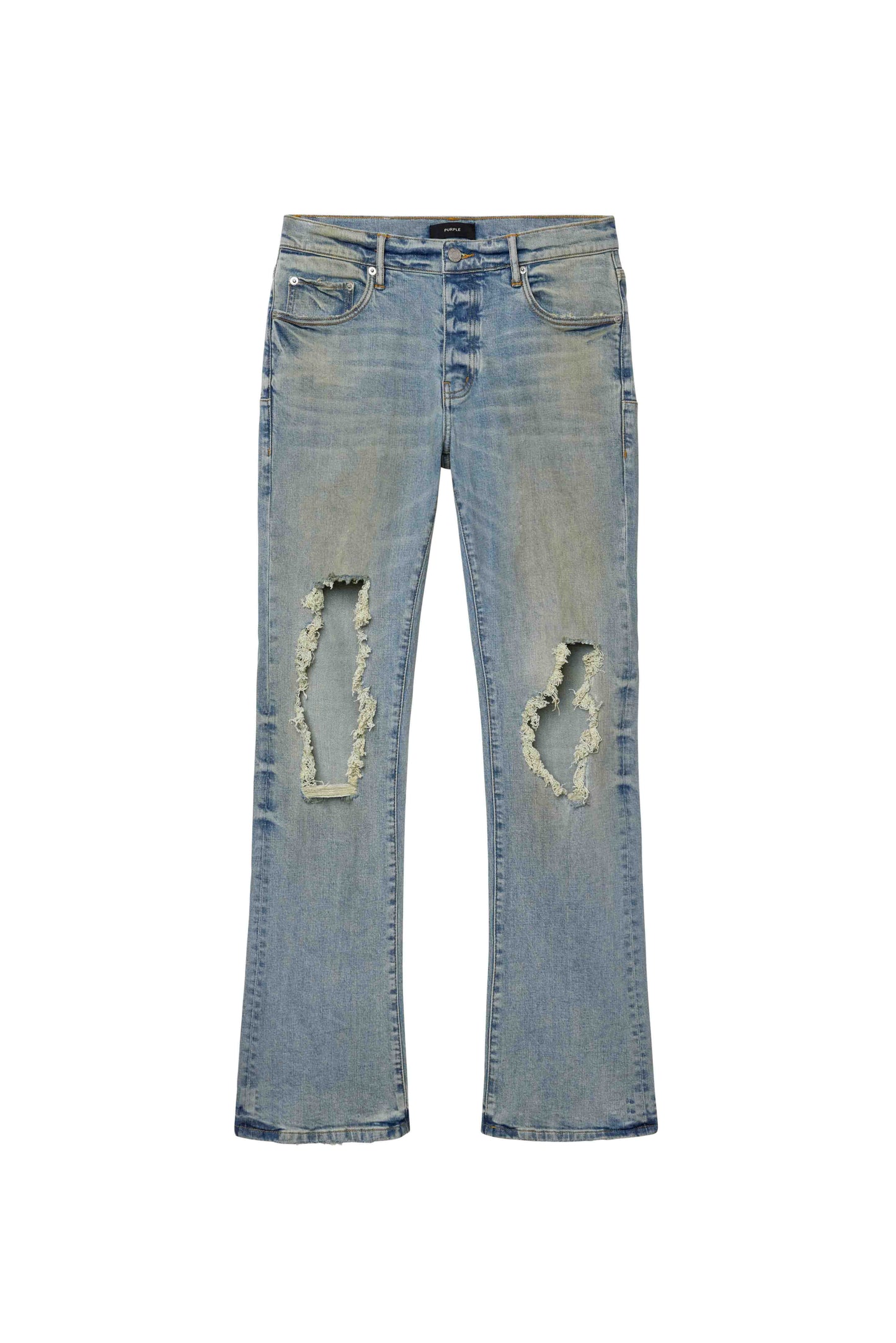 Big Blowout light indigo denim jeans, low rise, slim fit with flared leg and knee blowouts.
