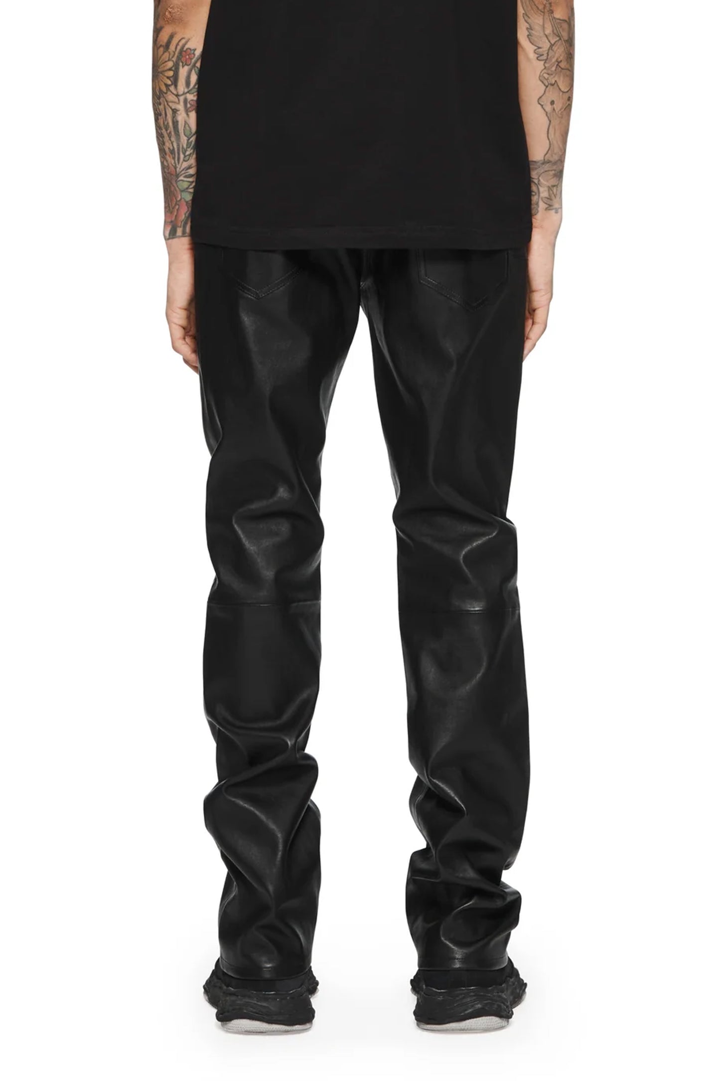 Black stretch leather flare jeans with a button fly and reinforced pockets. Sizes 28-40.