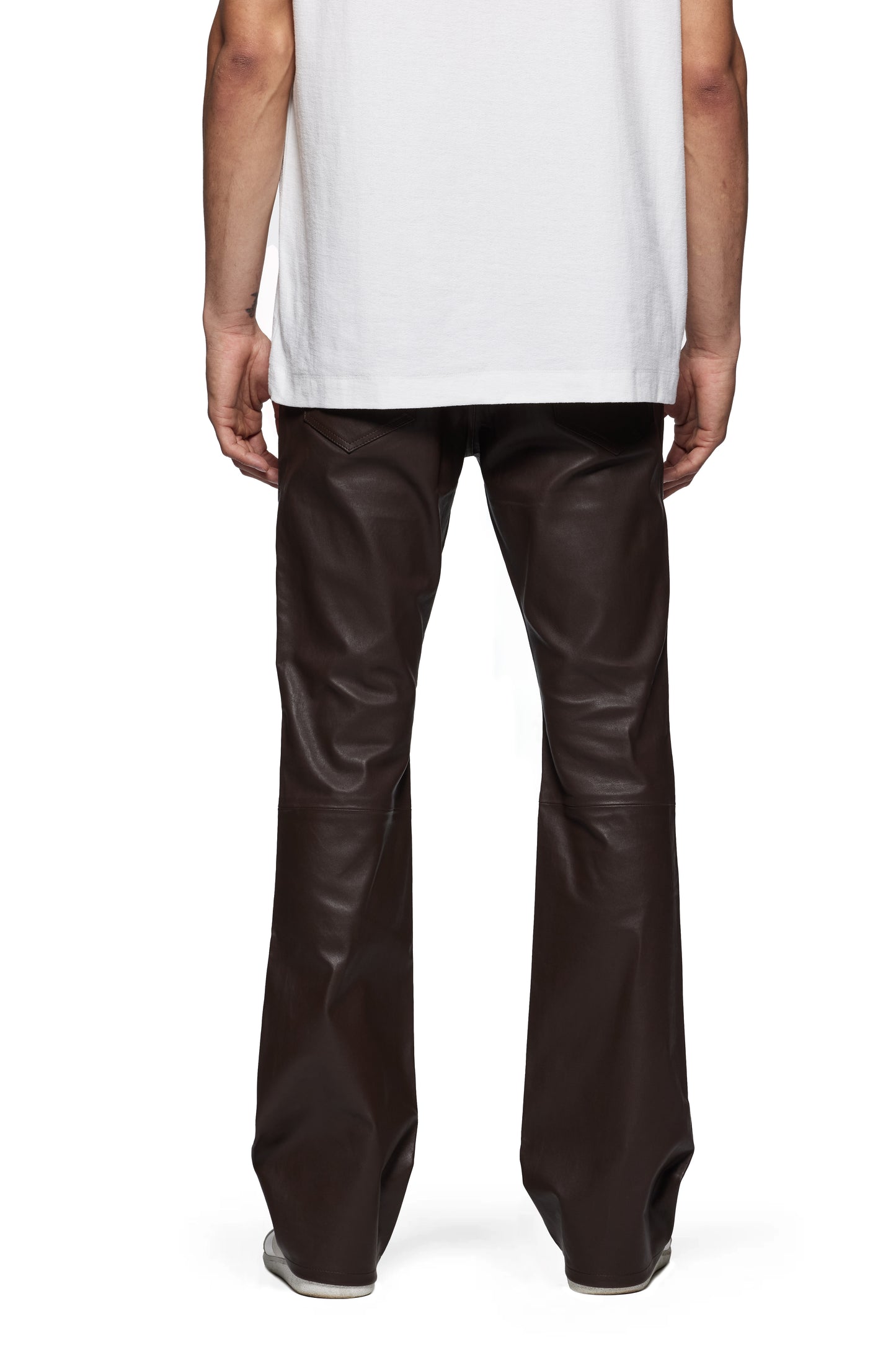 P004 Vintage Leather pants with signature Purple hangtag and branded leather patch.