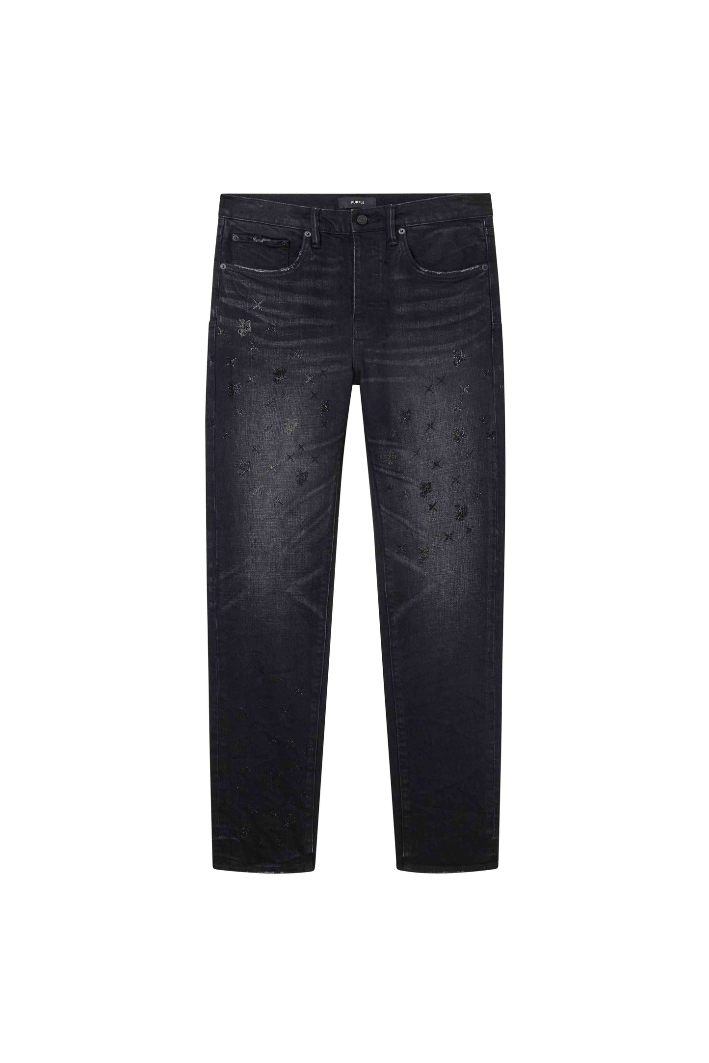 P005 Monogram Bling vintage black slim straight denim with hotfix crystal monogram detail.