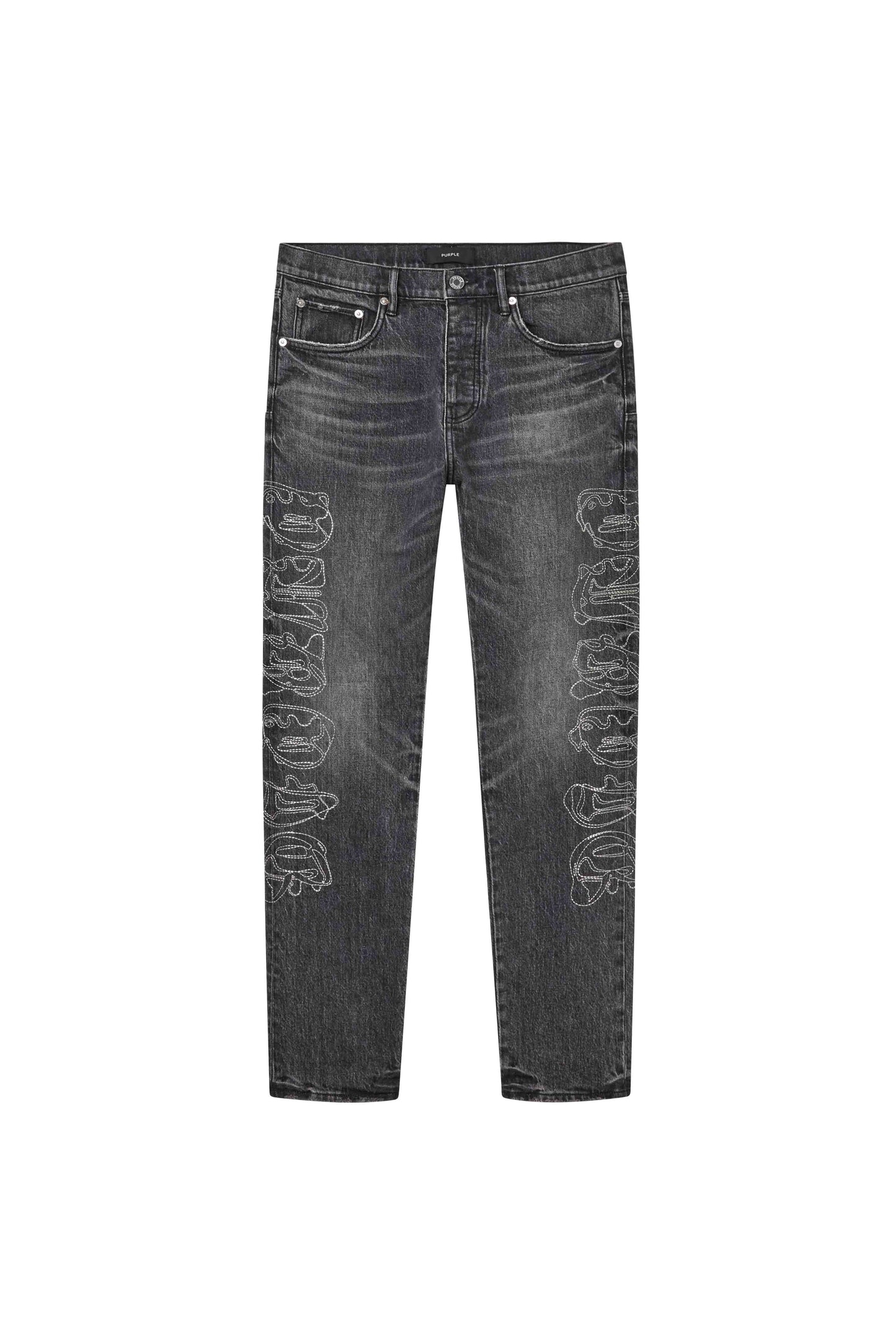P005 Traced black denim slim straight jeans with knee slit and purple logo embroidery