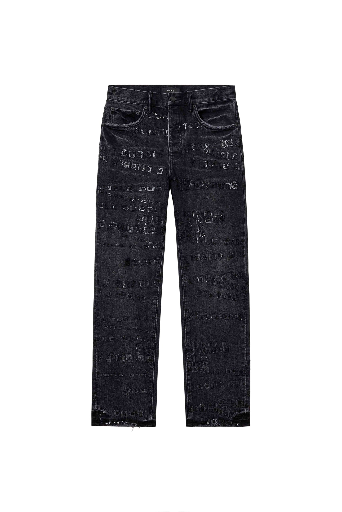 P011 sequins denim straight leg washed black with embroidered logo design and mid rise