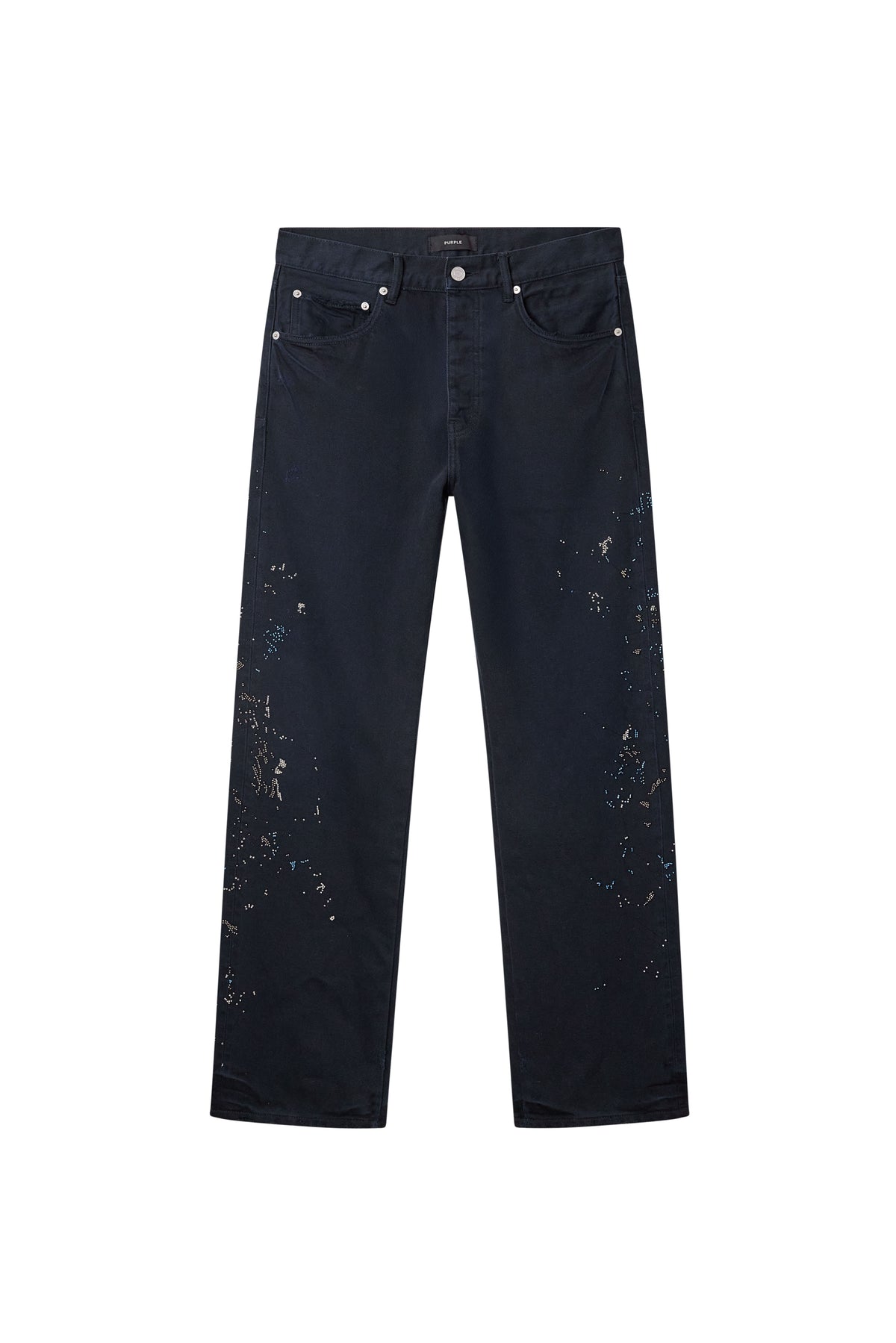 Beaded Splatter Black Ink Straight Leg Denim with 5 Pocket Styling and Embroidery Details