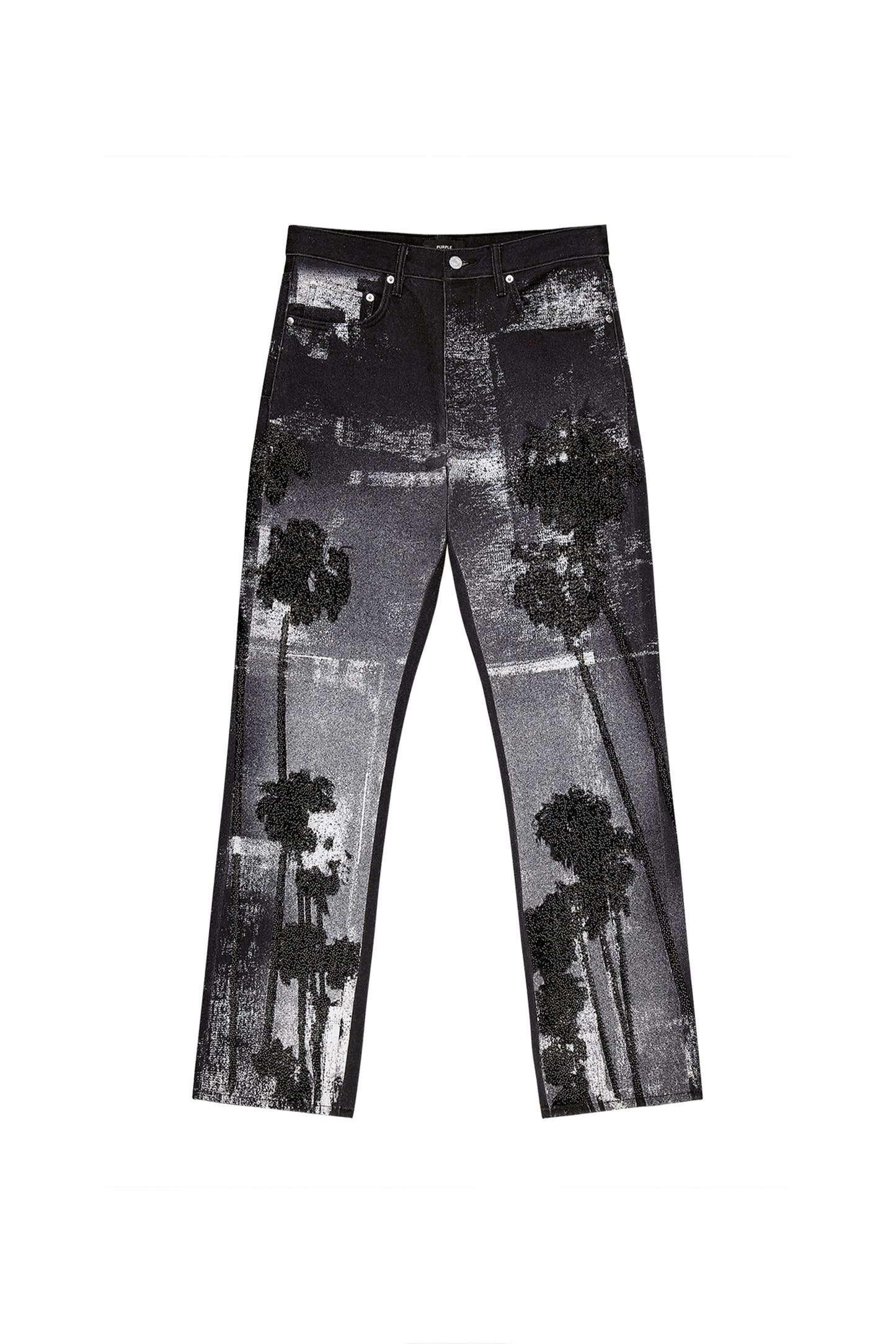 Beaded Palms denim straight leg pants with beaded embroidery in black, available in various sizes.