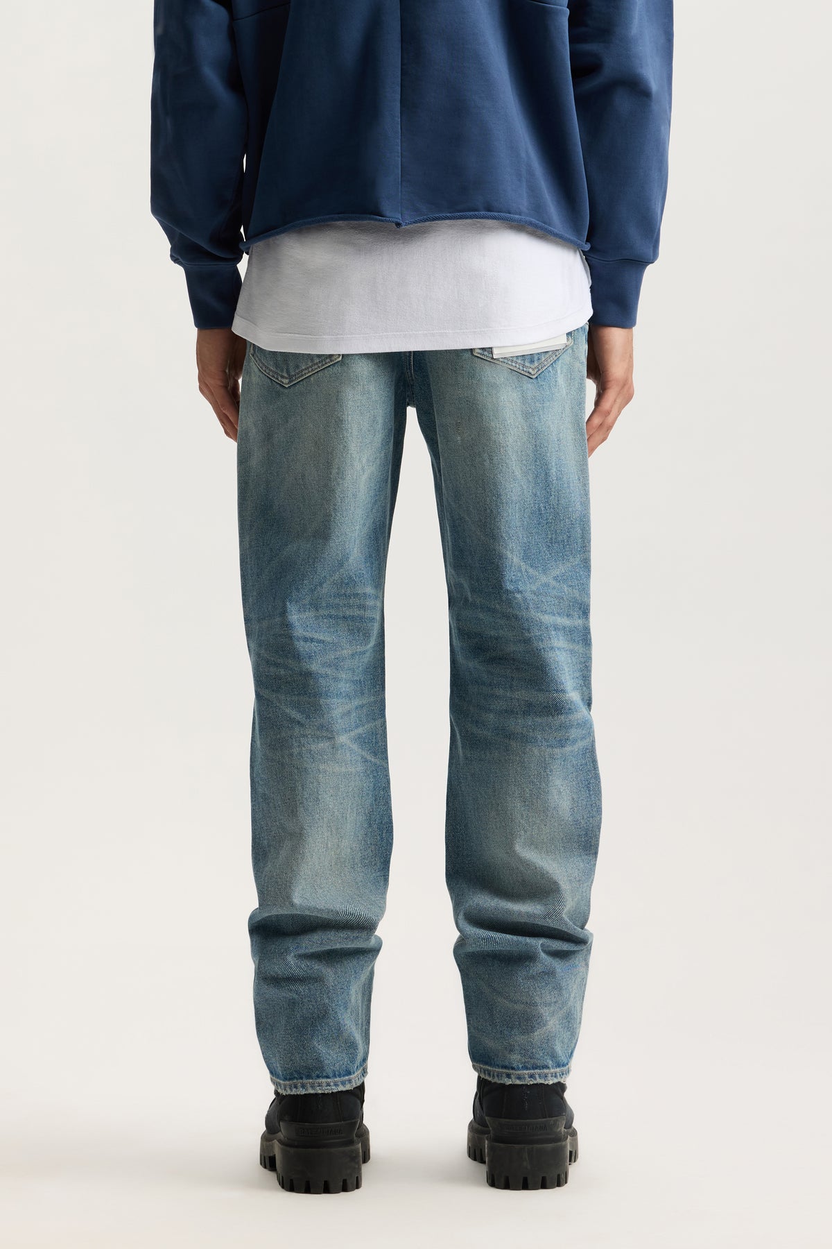 Sun Faded Hickory mid rise straight leg denim with hickory repair and purple hangtag.