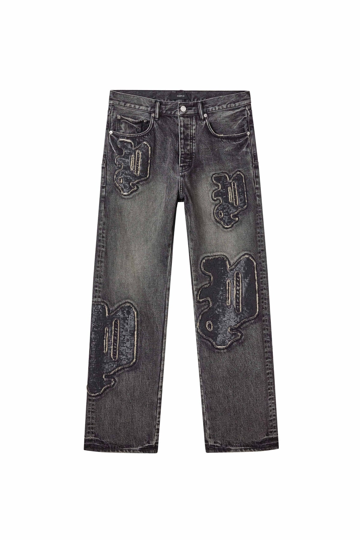 P011 Sequin Logo Black Denim with Purple Logo, Straight Leg, Mid Rise, Sizes 28-40