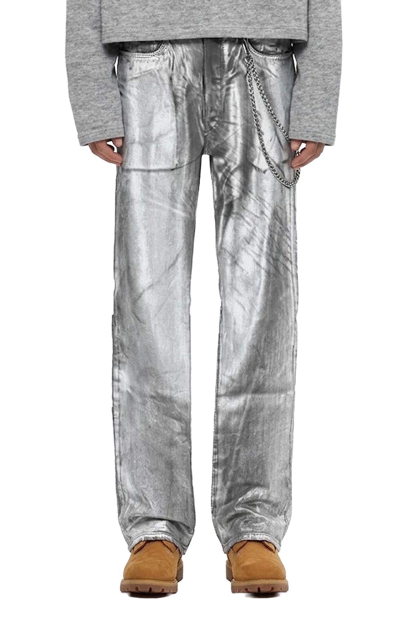 Mid Rise Straight Jeans P011 Sterling Plated with Silver Foil Over Colored Indigo.