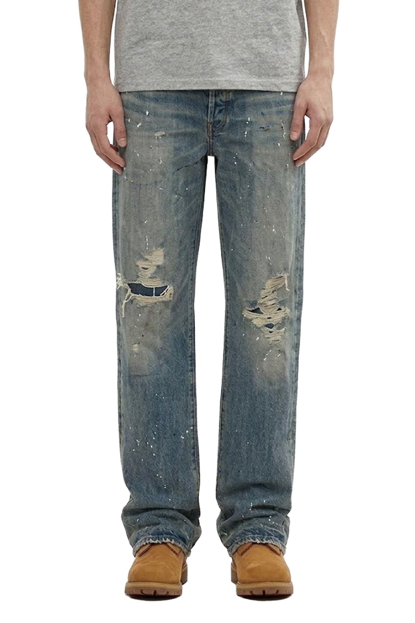 Vintage Knock Down Jeans with Rip & Repair and Bleach Marks, Mid Rise Straight Fit
