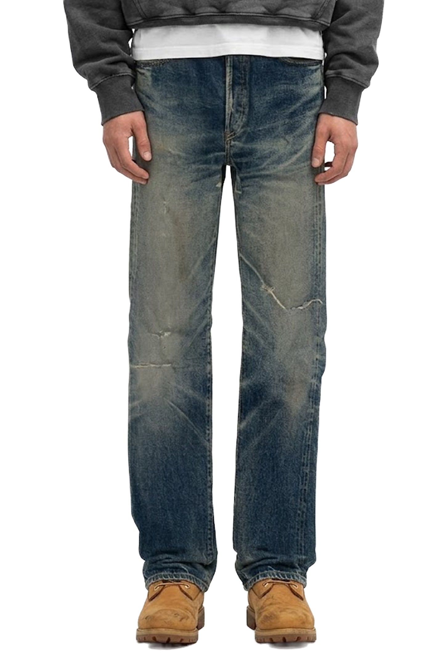 Mid Rise Straight Jeans P011 Dark Lands with rips and vintage wash in various sizes.