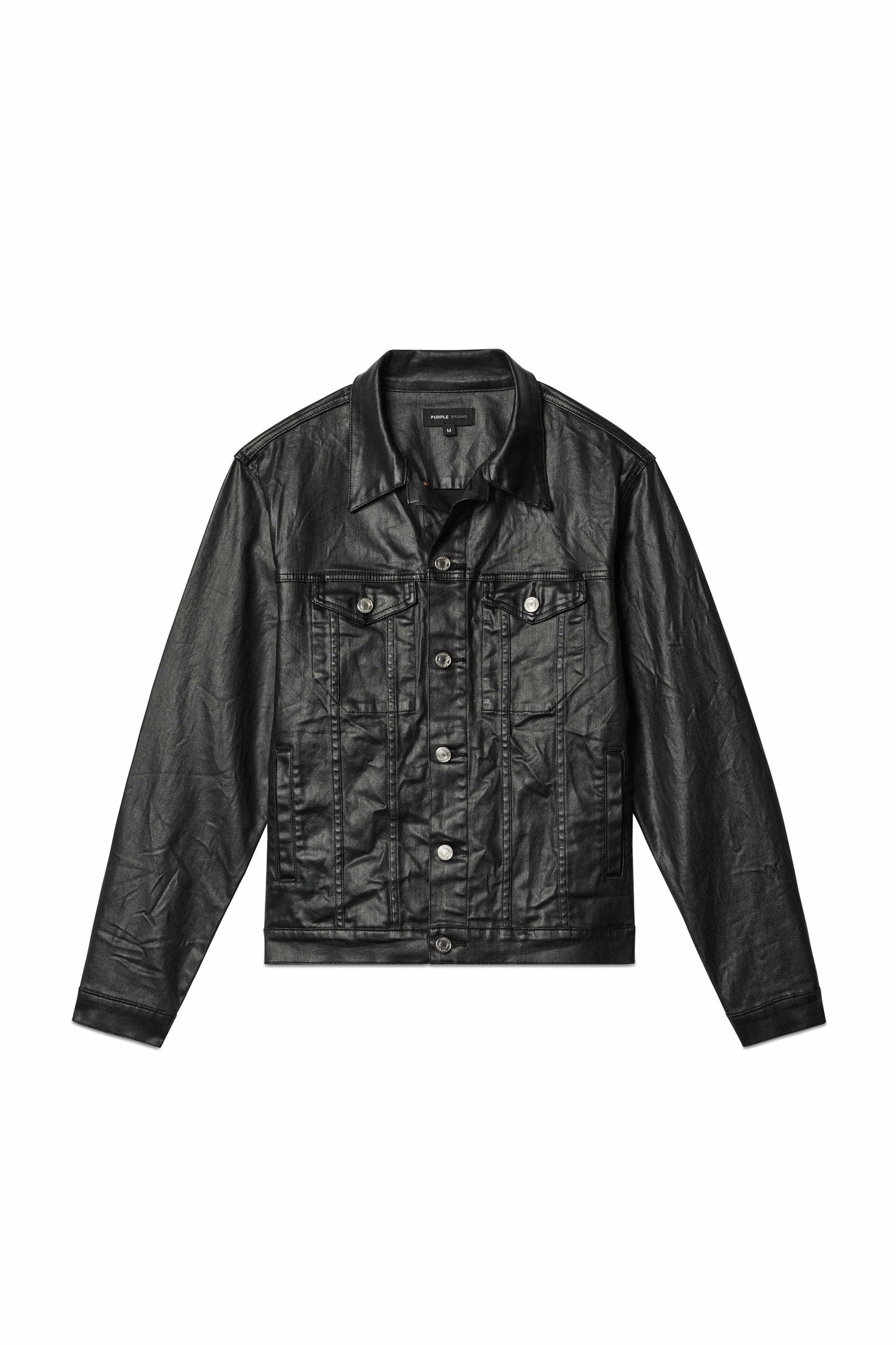 P024 Creased Film Trucker Jacket in black stretch denim with double flap chest pockets