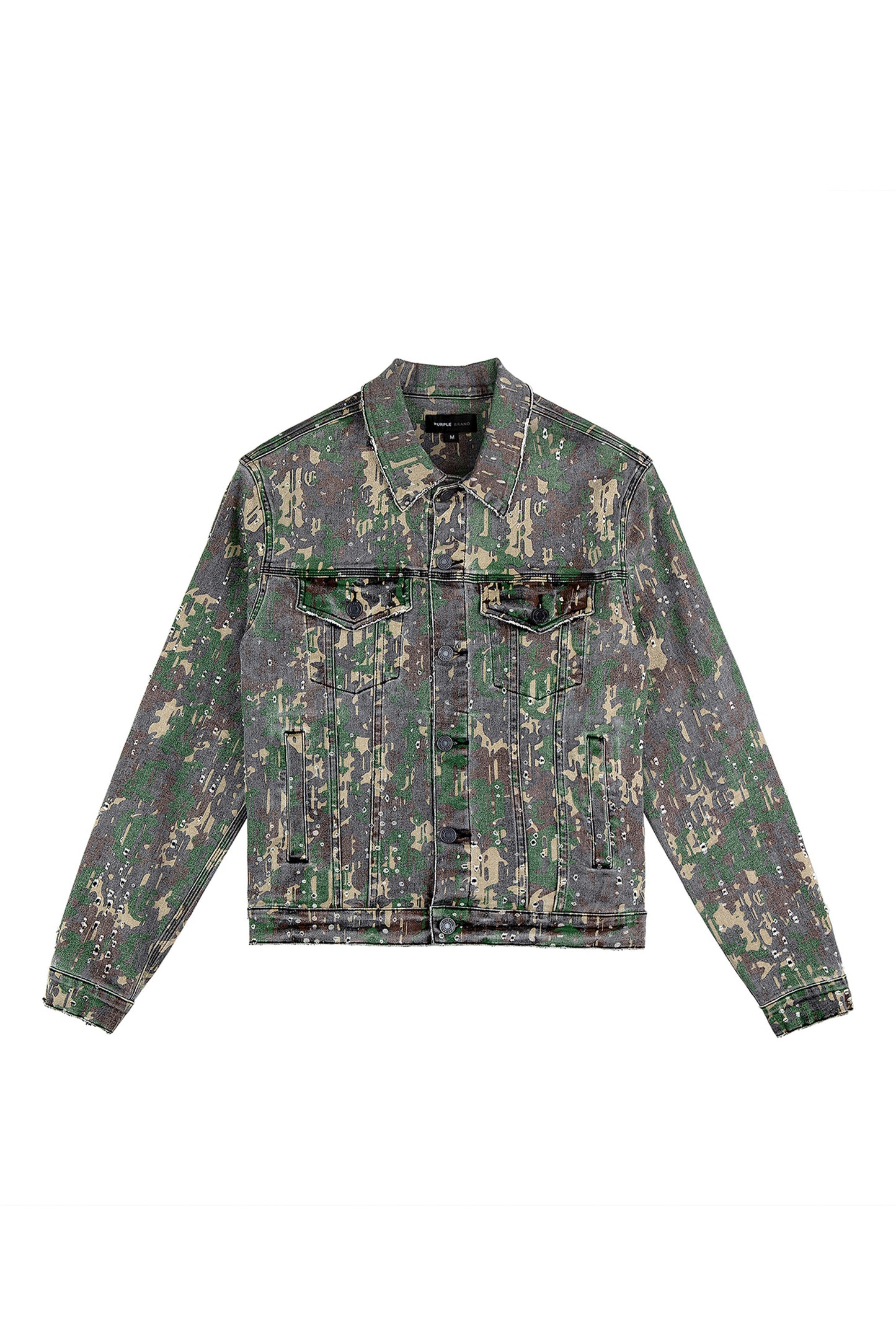 P024 Militaire Buckshot Trucker Jacket in camo printed denim with buckshot holes.
