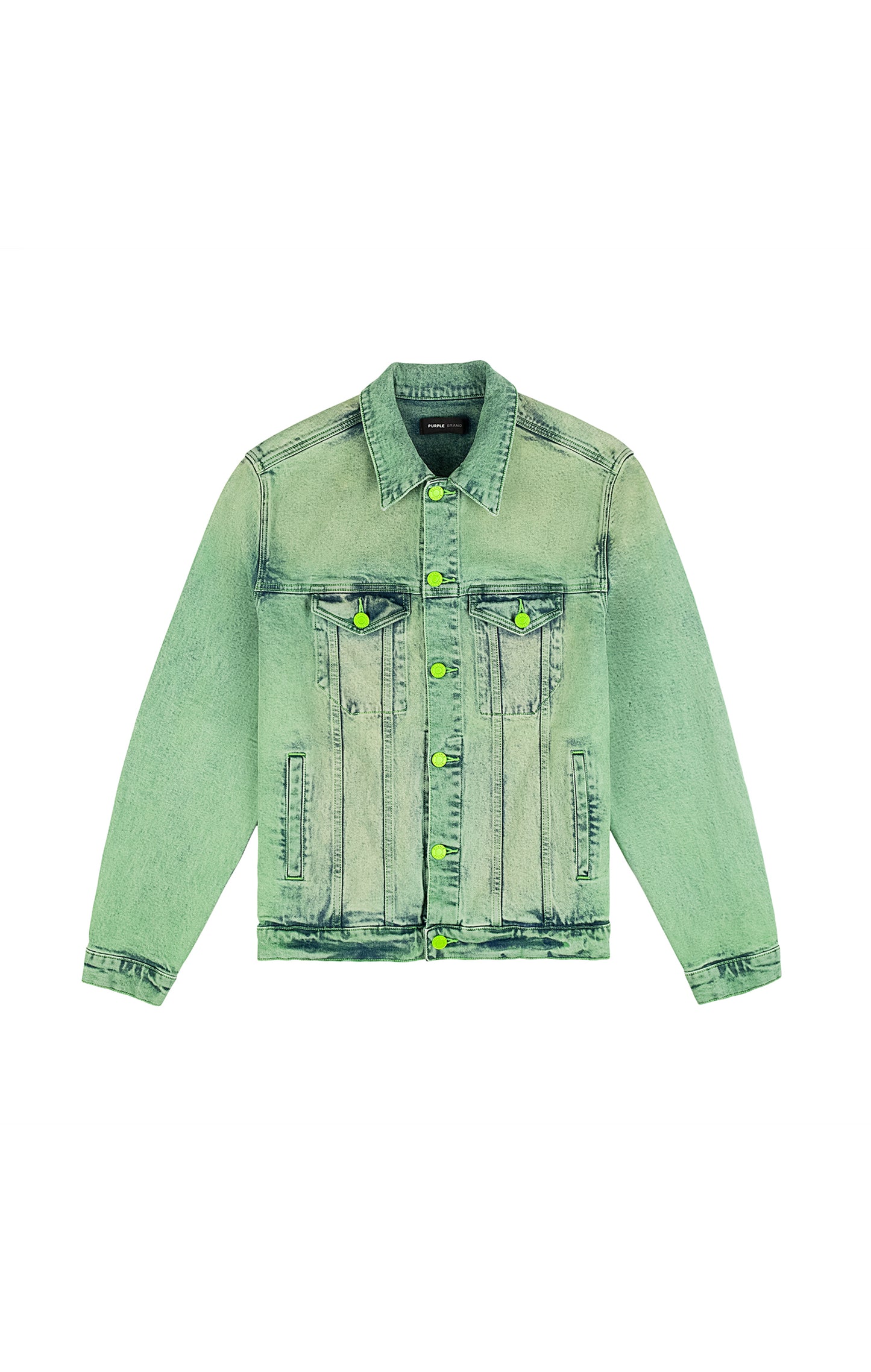 P024 Shadow Upper Cut Trucker Jacket in regular fit with printed logo and washed denim fabric.
