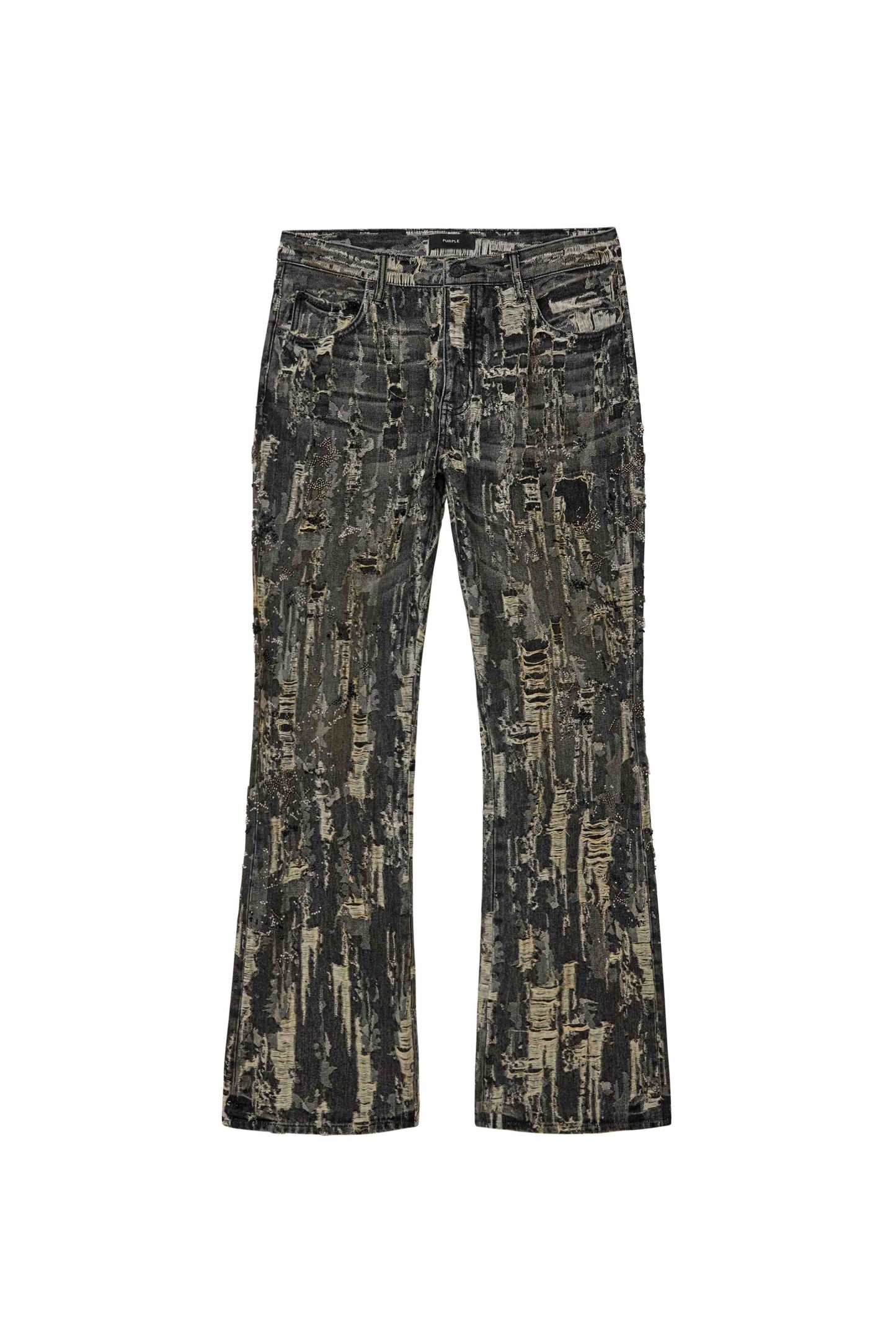 Bead Splatter Destroy washed black bootcut denim with beaded embellishment and all-over destroy details.