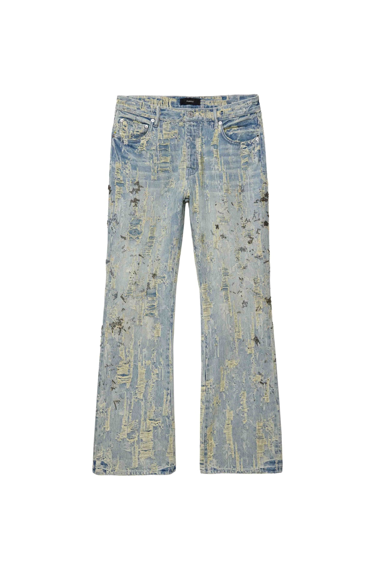 Bootcut denim P026 Bead Splatter Destroy in light indigo with beaded embellishments.