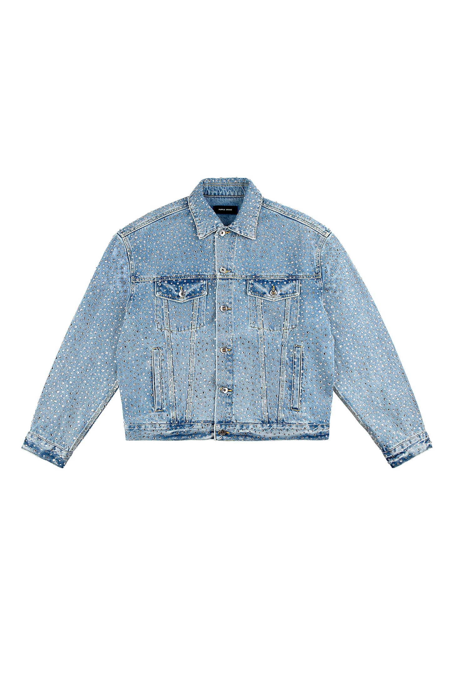 Holloway Vintage Crystal Jacket in light indigo wash with oversized fit and crystal embellishments.