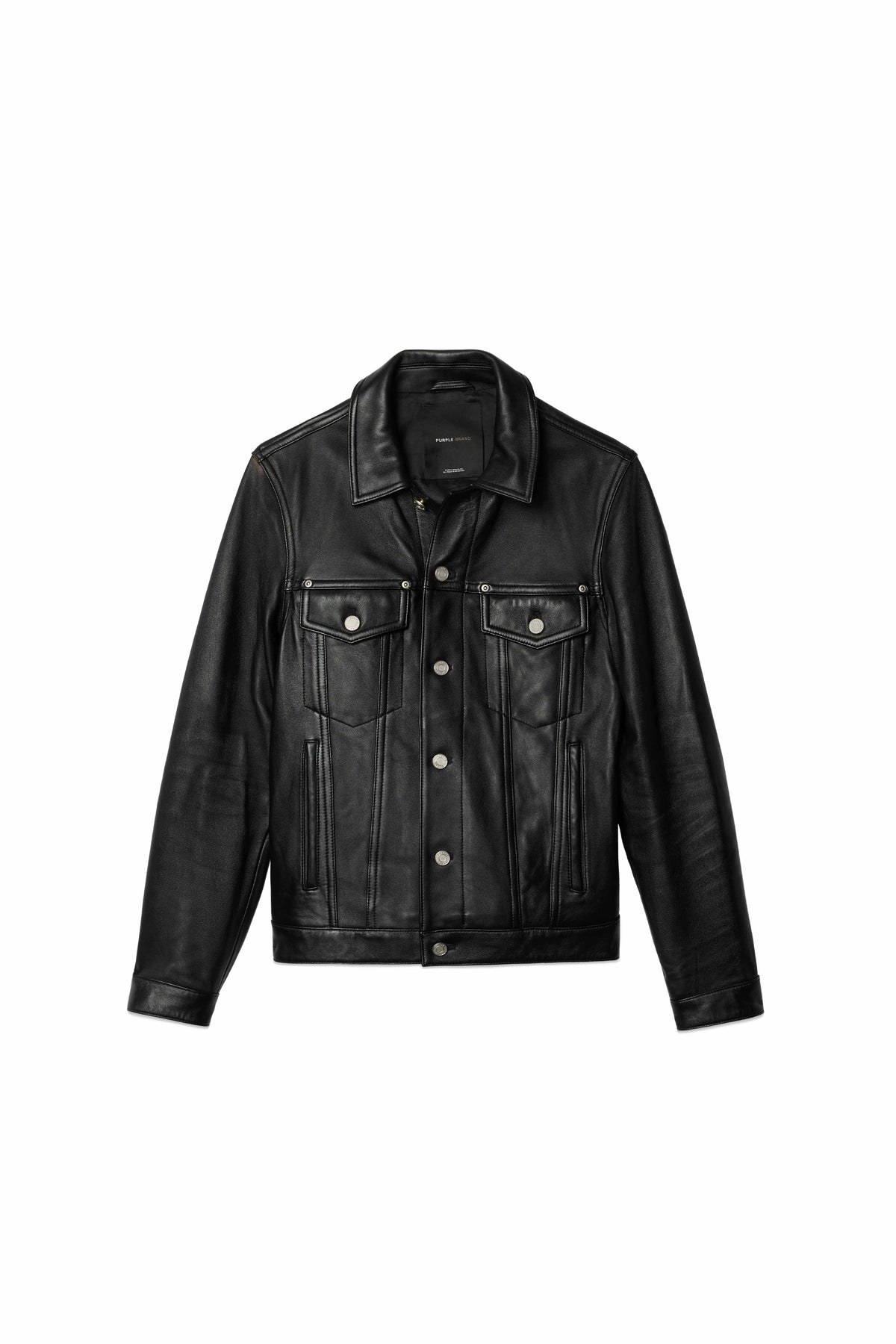 P028 Leather Trucker Jacket in premium black leather with double flap and side pockets.