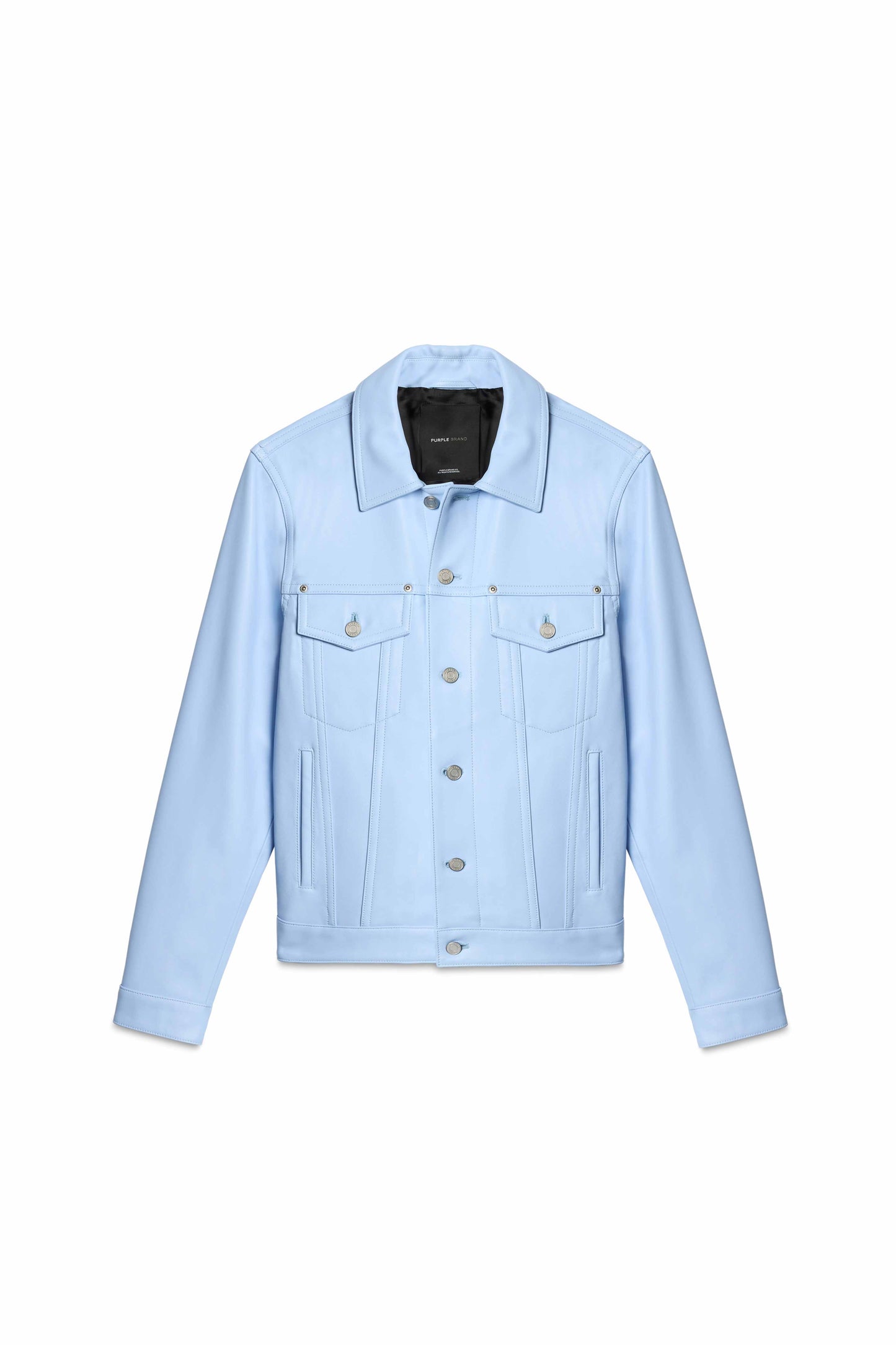 P028 Leather Trucker Jacket in premium blue leather with double flap chest pockets.