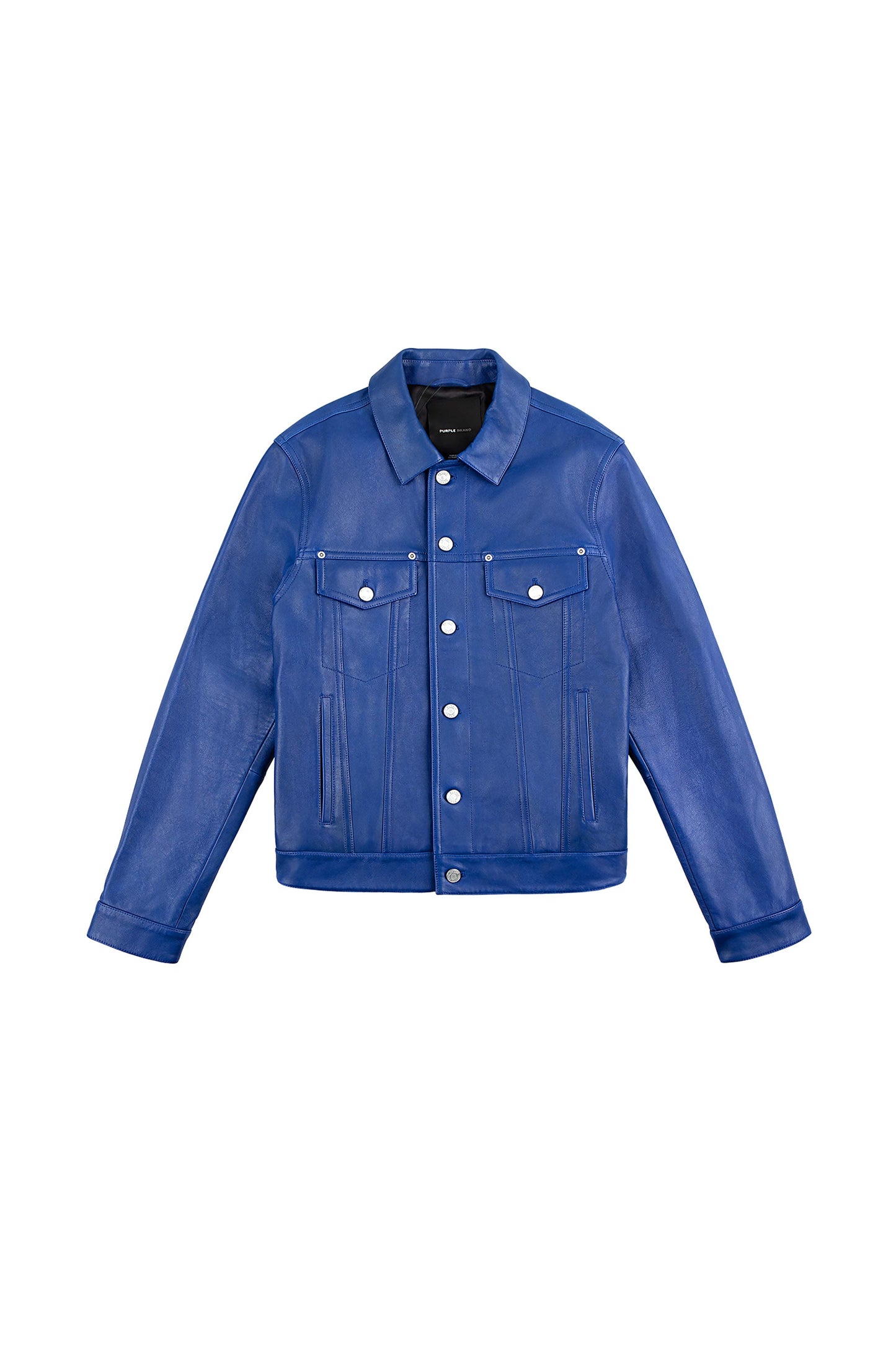 P028 Leather Trucker Jacket in premium blue leather with double flap chest pockets.