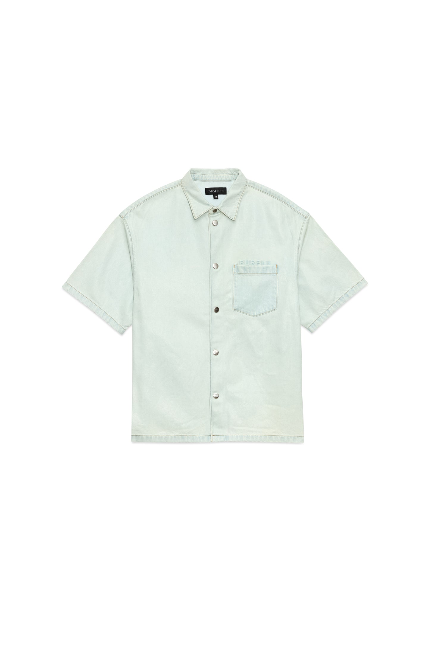 P035 Coated Short Sleeve Shirt in light indigo stretch denim with brushed silver snaps.