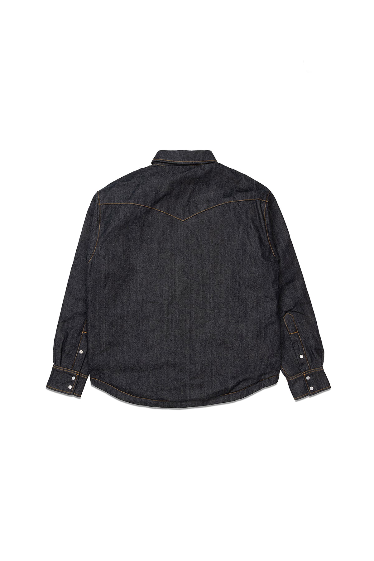 Padded Western Jacket in dark indigo wash with quilted silver lining and pearl snaps.