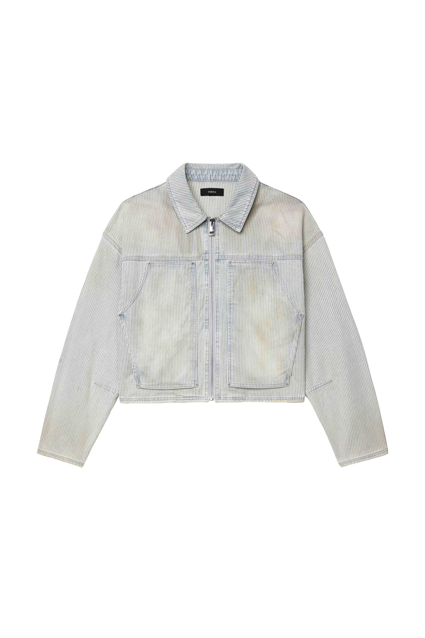 Carpenter Hickory Jacket in light indigo, 100% cotton, relaxed fit with cropped length and pockets.