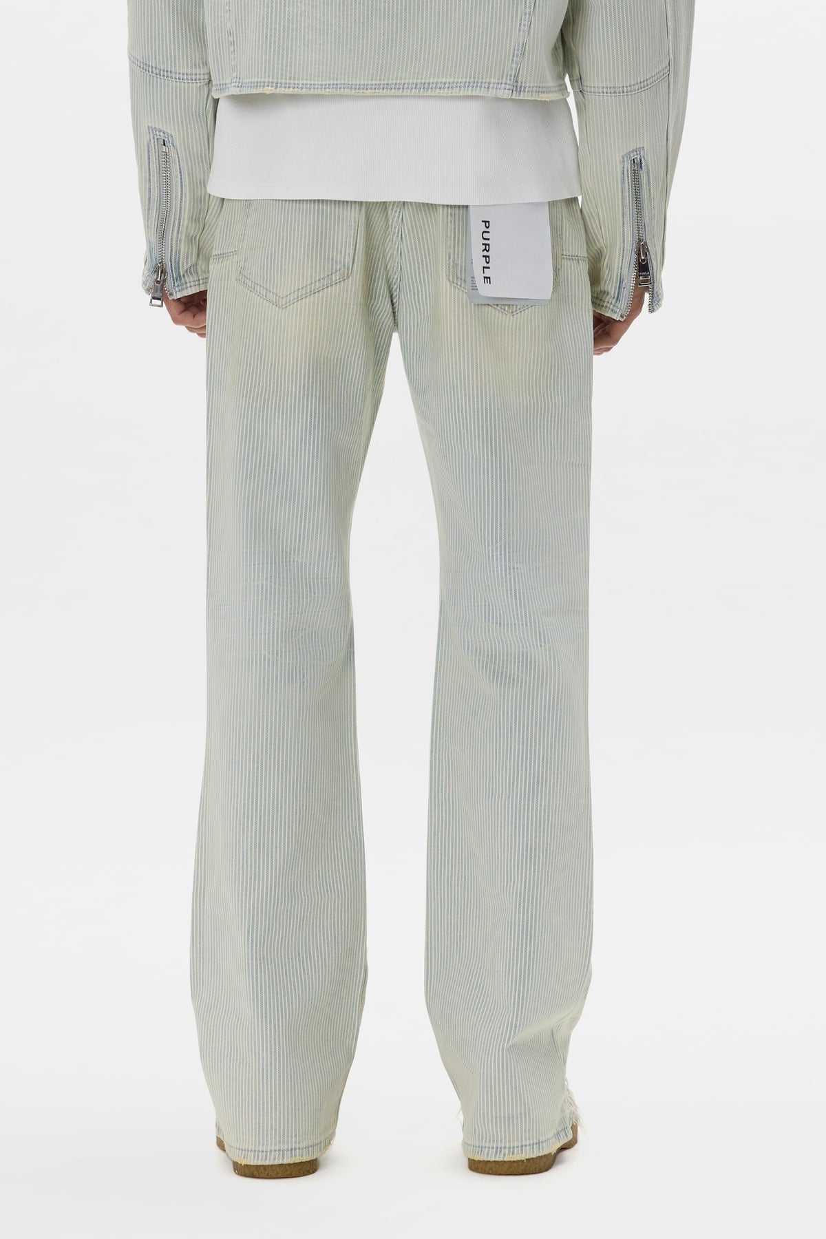Hickory Stripe Bootcut Denim with Knee Blowouts and Sharkbite Hem, Mid Rise, various sizes