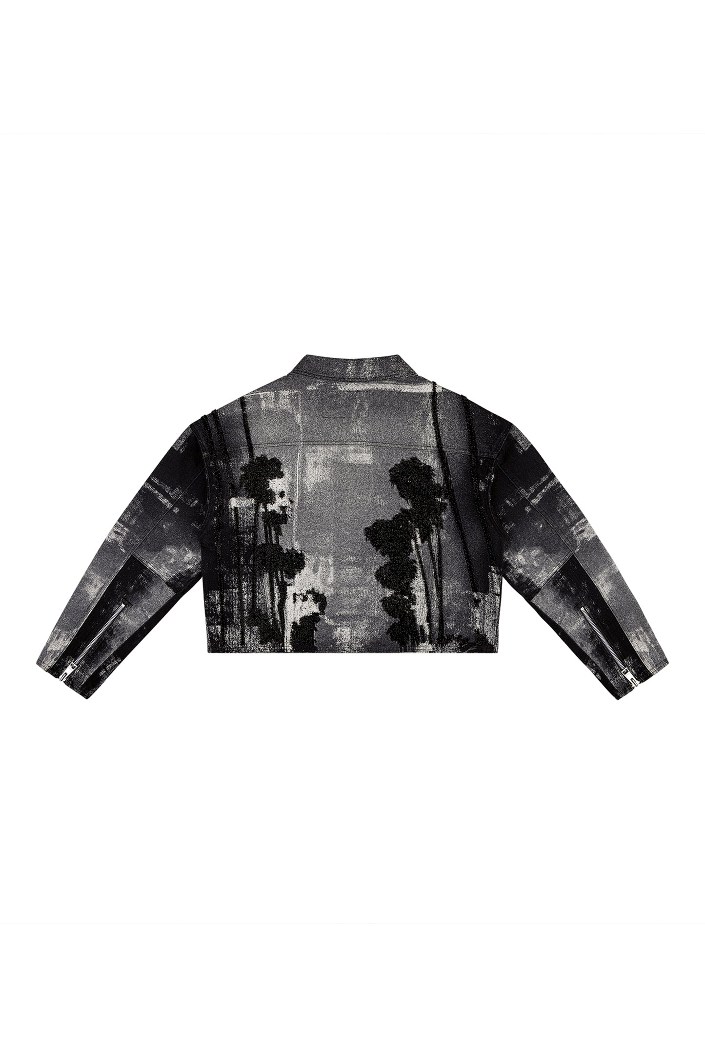 Carpenter Palms Jacket relaxed fit cropped outerwear with digital printed design and beaded embroidery.