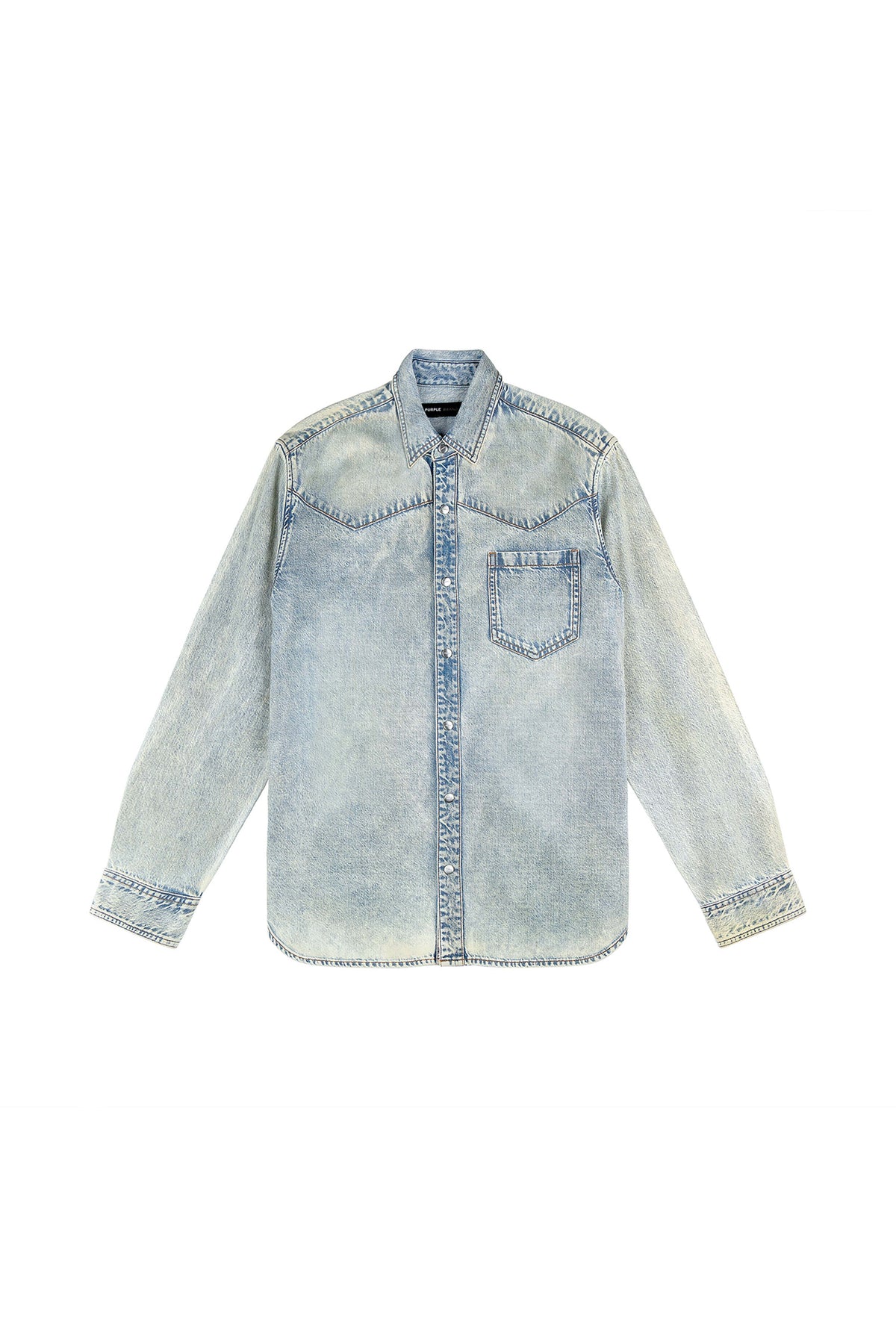 Coated Western Shirt in light indigo wash with front chest pocket and snap front closure.