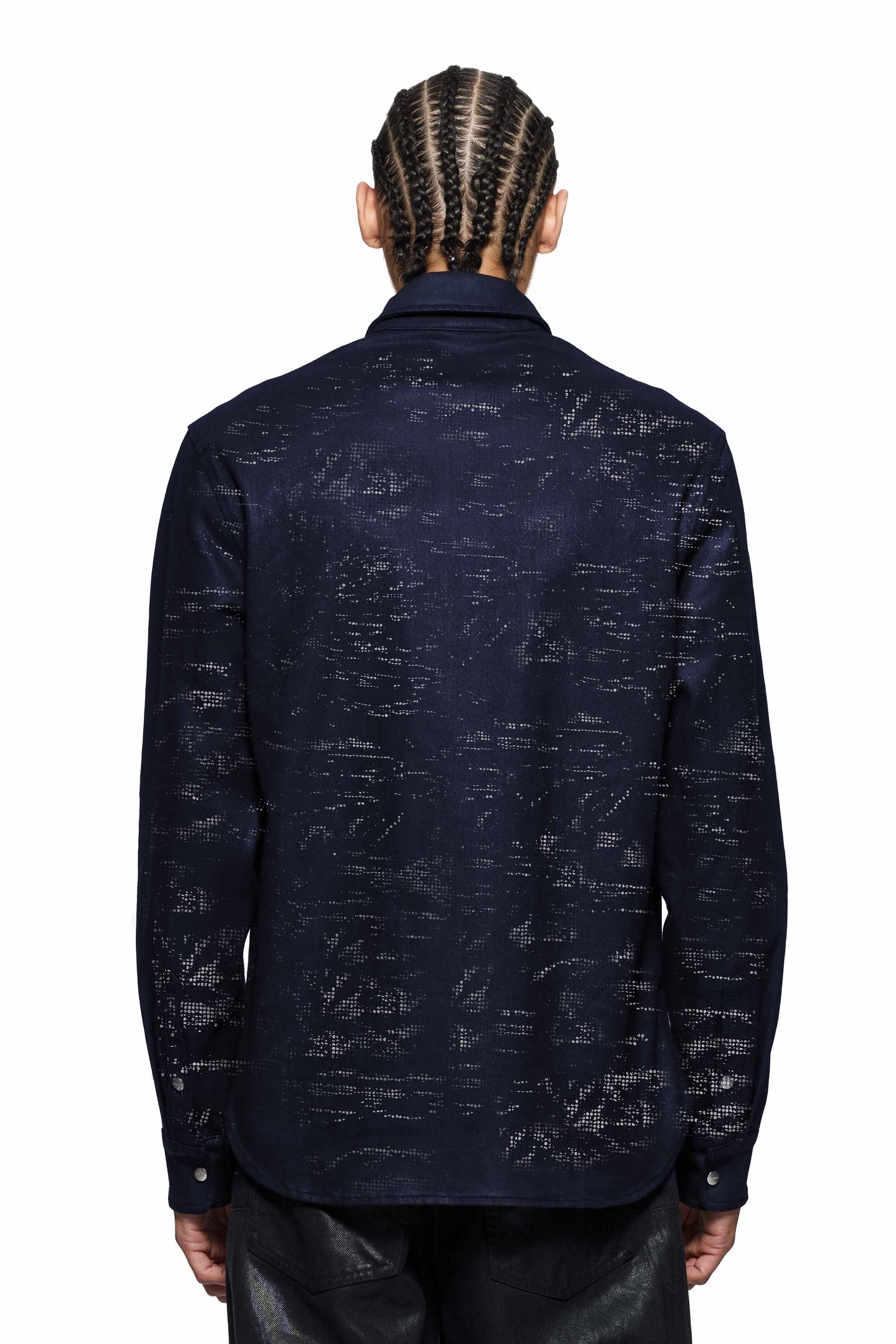 Tiled Overlay Shirt in dark indigo wash with front chest pocket and western-style yoke.