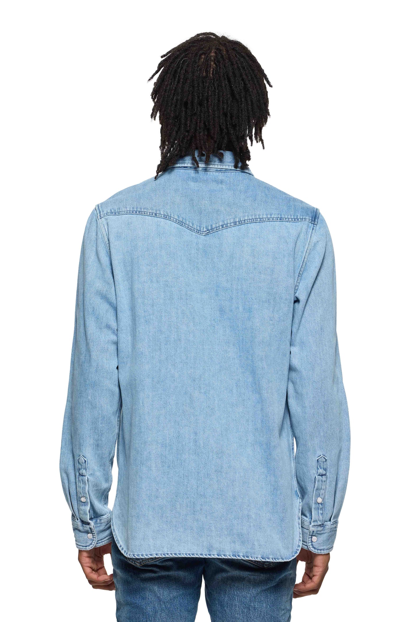 Long Sleeve Western Shirt in light indigo wash with chest patch pocket and logo lettering.