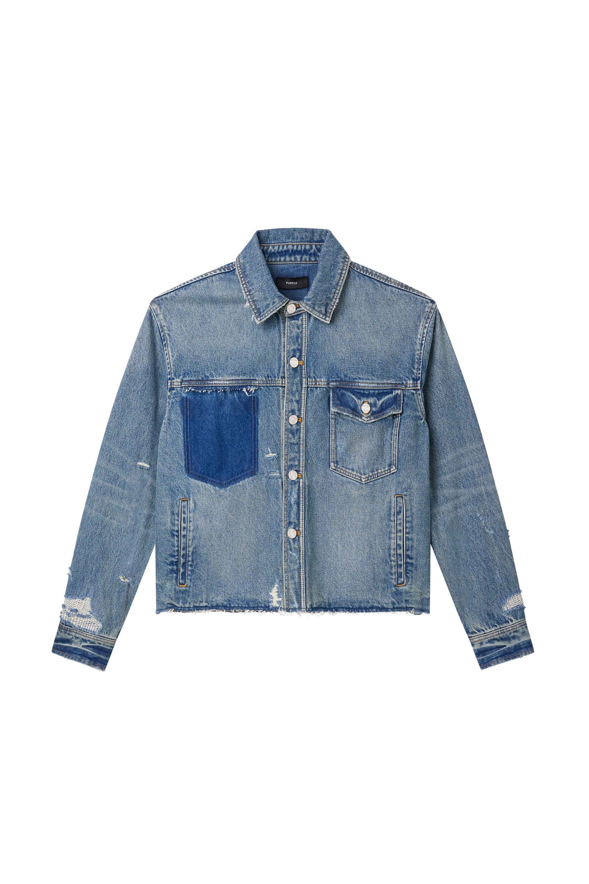 Distressed Cropped Shirt in Light Indigo with relaxed fit and button front design.