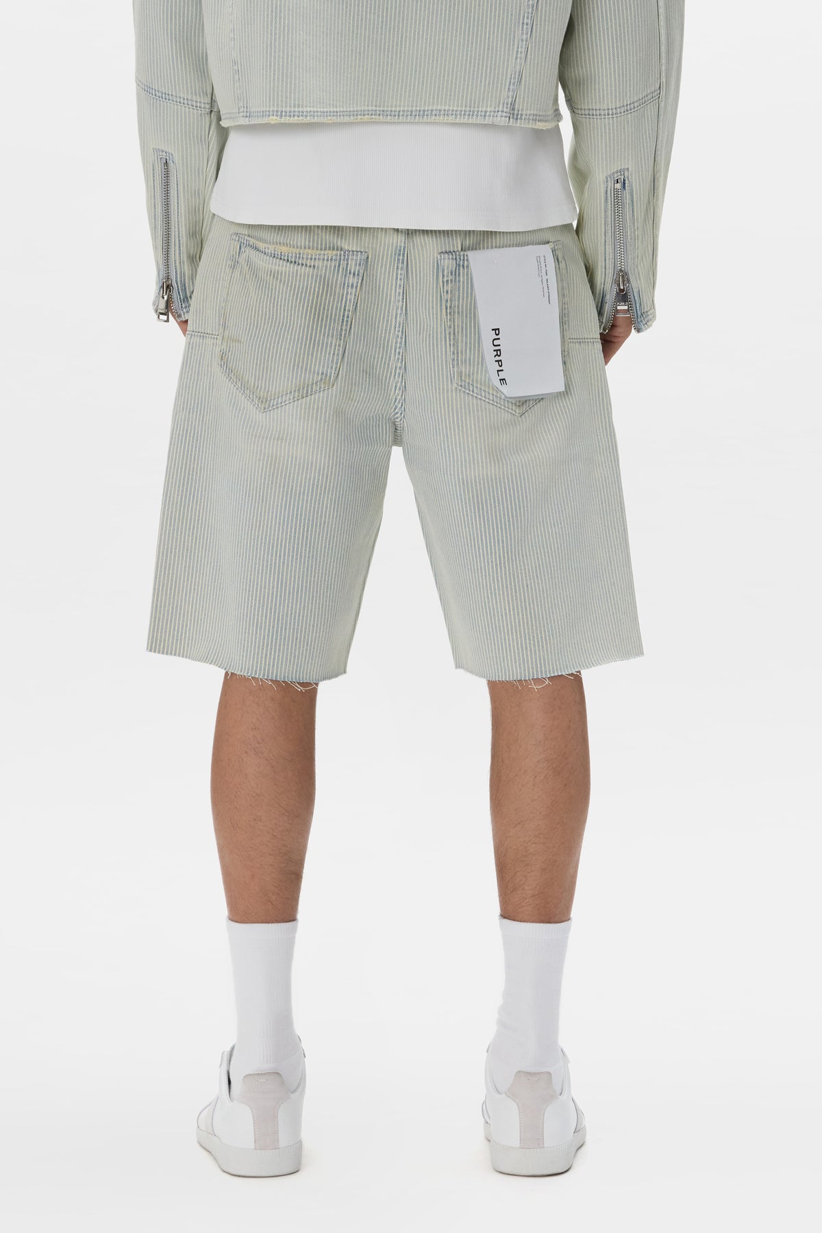 Hickory Shorts with relaxed fit, 100% cotton, featuring hickory stripes and cut-off hem.