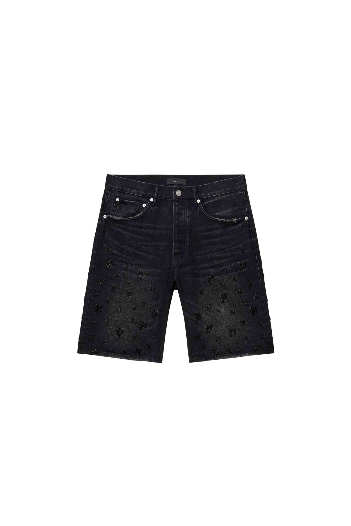 P059 Beaded Monogram Shorts in Washed Black with relaxed fit and raw cut hem.