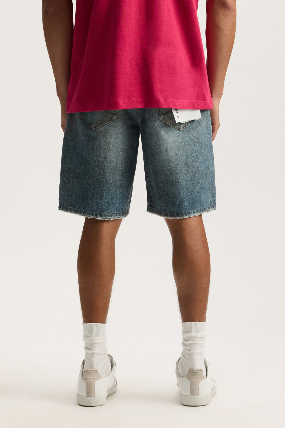 P059 Jewel Short relaxed fit shorts with digital denim print and raw hem, available in various sizes.