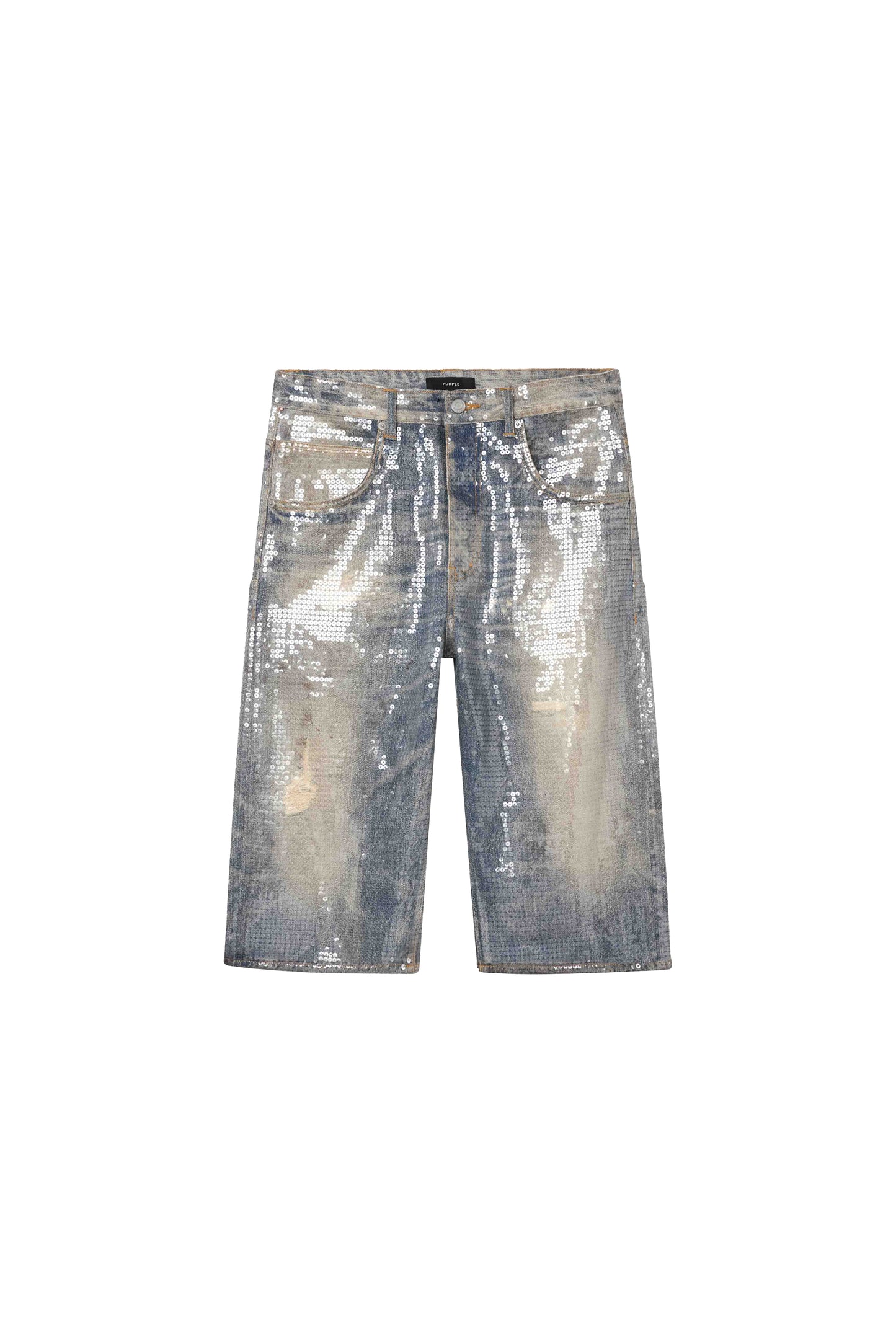P070 Sequin Shorts in white, wide leg style with hotfix sequins and raw cut hem.