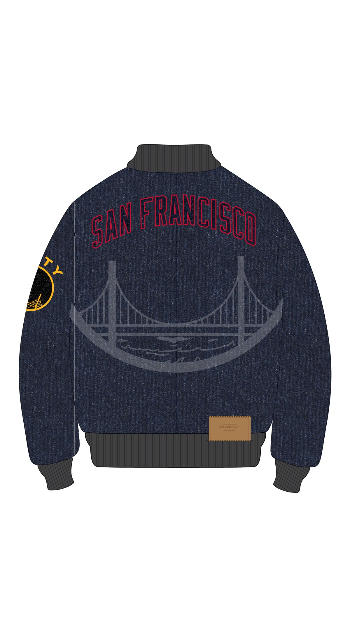 Warriors Bomber Jacket in rinsed indigo denim with oversized fit and screen print lettering.