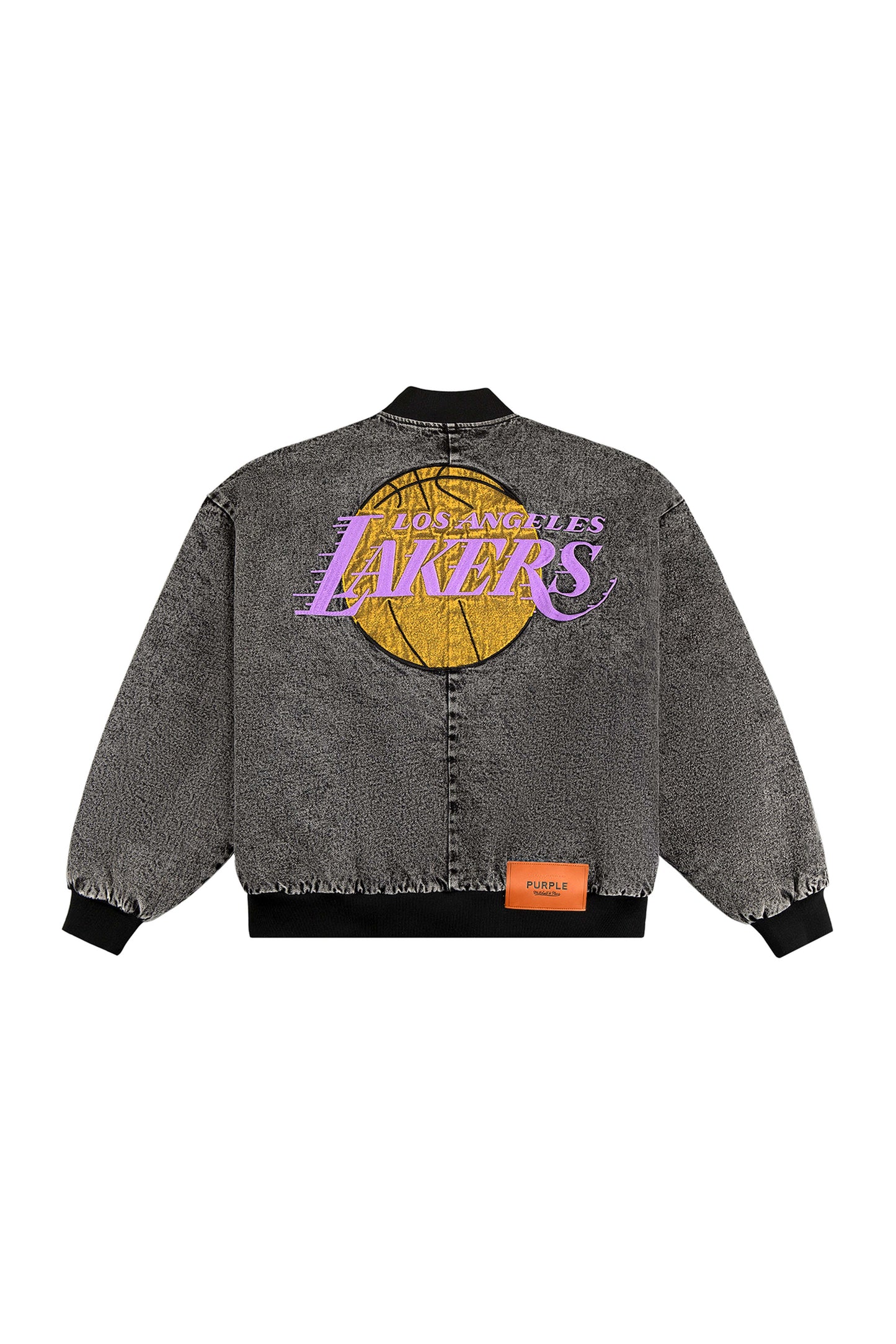 LA Lakers Bomber Jacket with embroidered applique details and oversized fit in denim material.