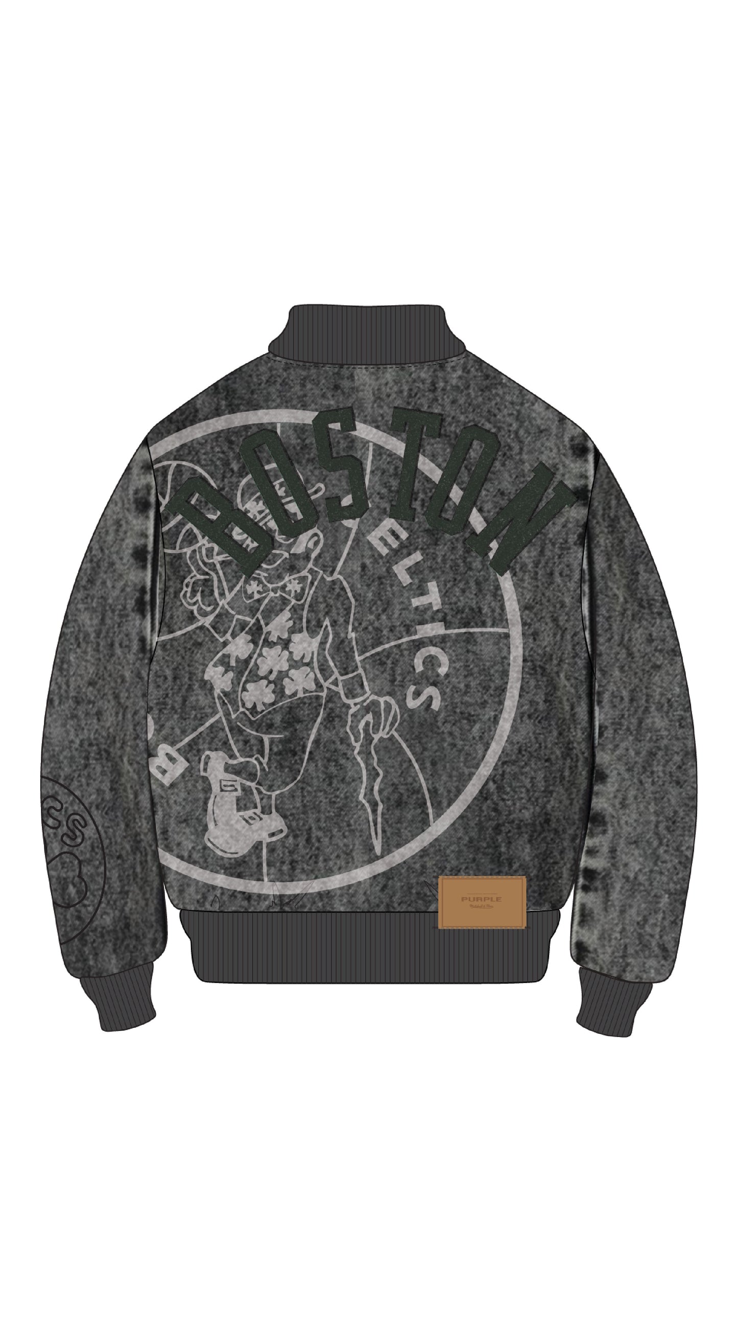 Boston Celtics Bomber Jacket in stone washed black denim with zip front and rib finishes.