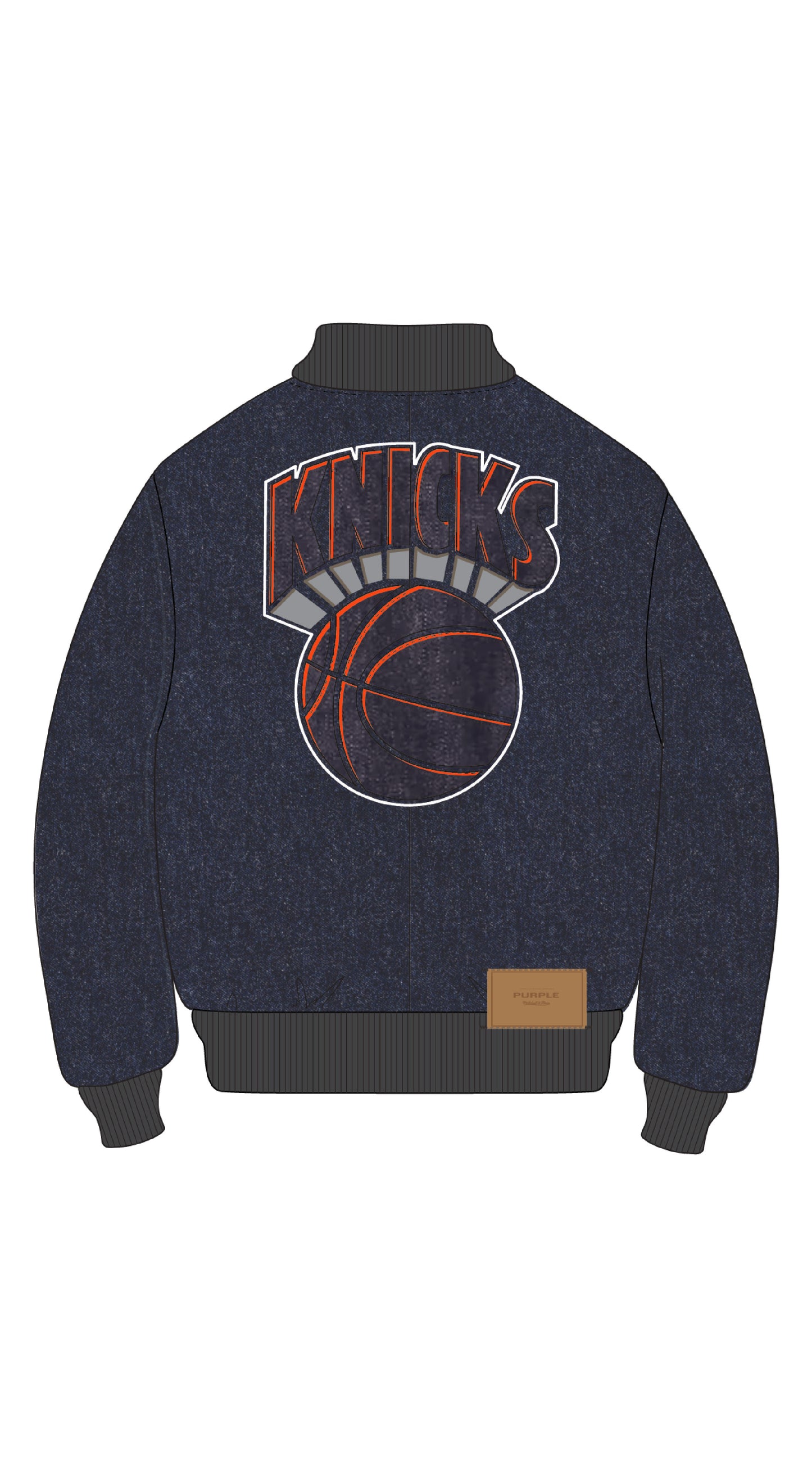 NY Knicks Bomber Jacket in washed indigo denim with embroidered lettering and oversized fit