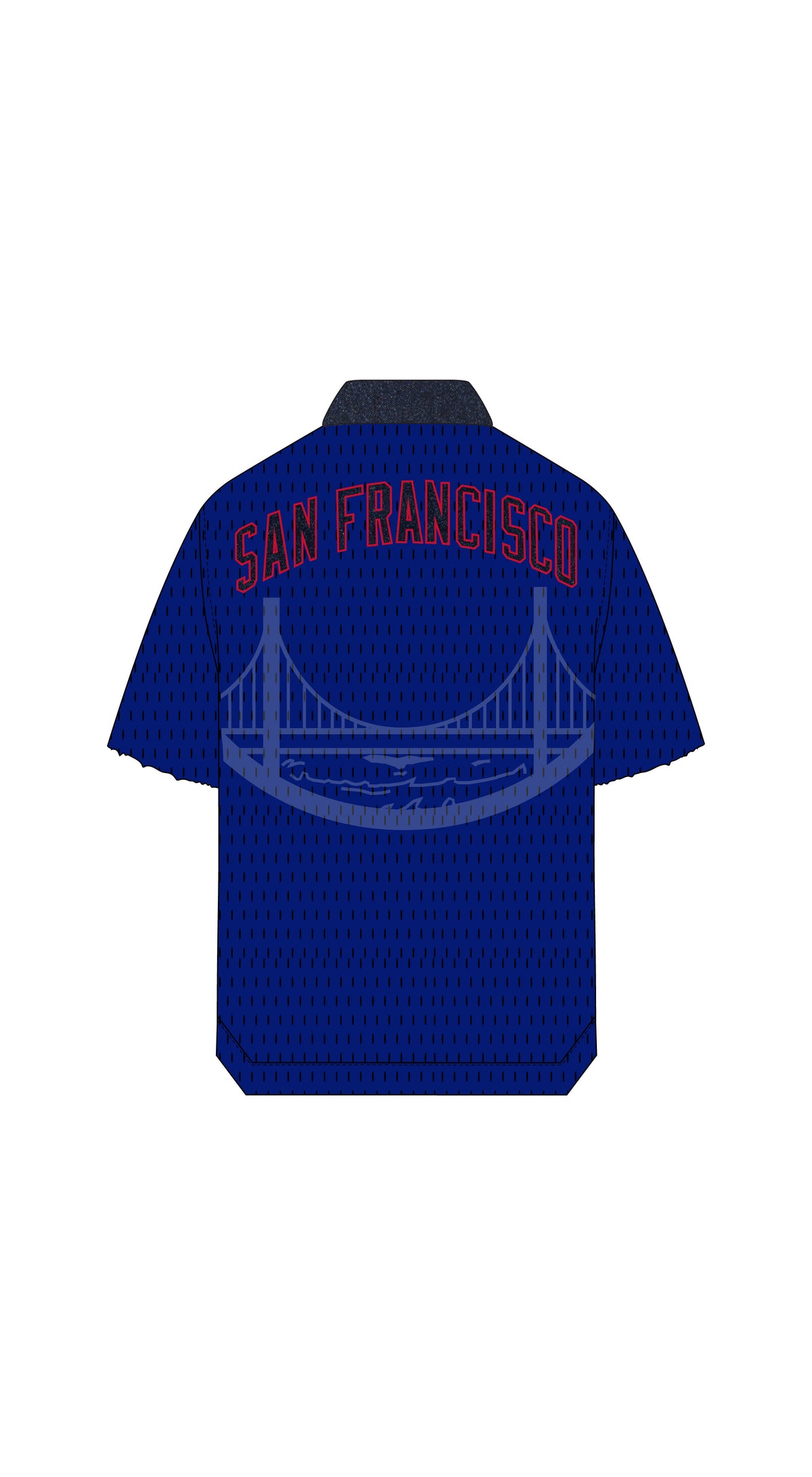 Warriors Snap Shirt in raw indigo denim with heavyweight sport mesh back and oversized fit.