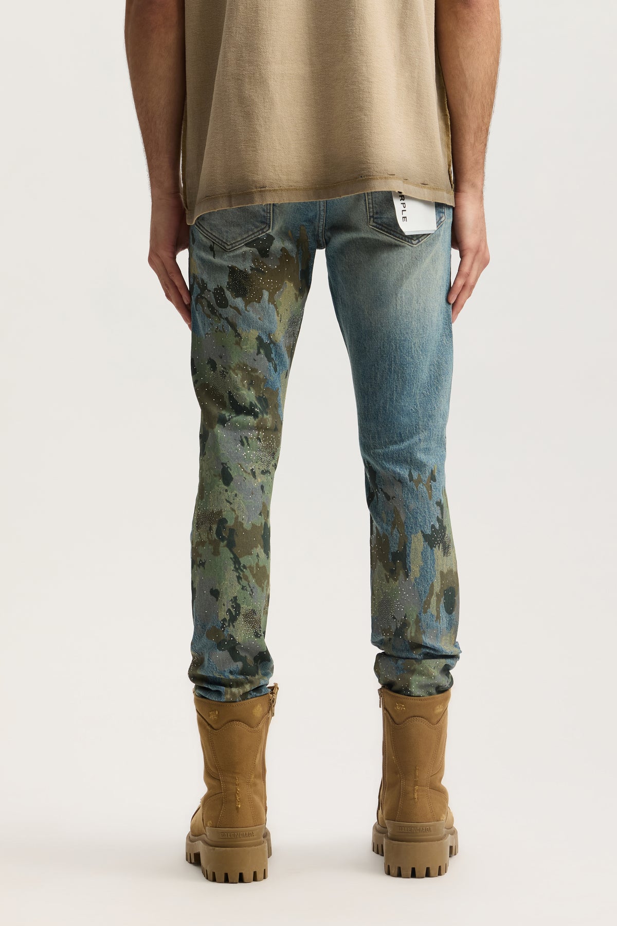 Embellished Camo denim, low rise stretch skinny style with screenprint and hotfix crystals.