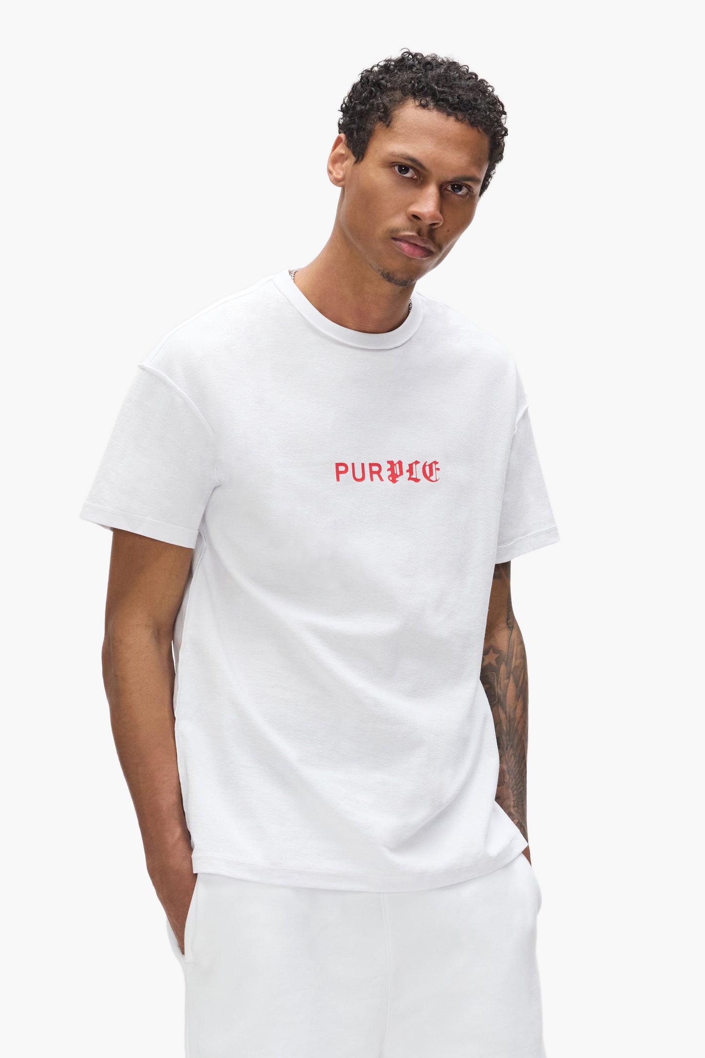 Half & Half Wordmark Tee in white, 100% cotton, regular fit, textured jersey fabric.