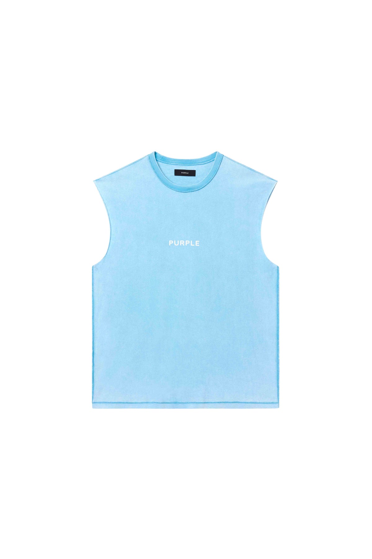 Wordmark Cut Tank Top in Cyan Blue, 100% cotton, regular fit, textured jersey, faded wash.