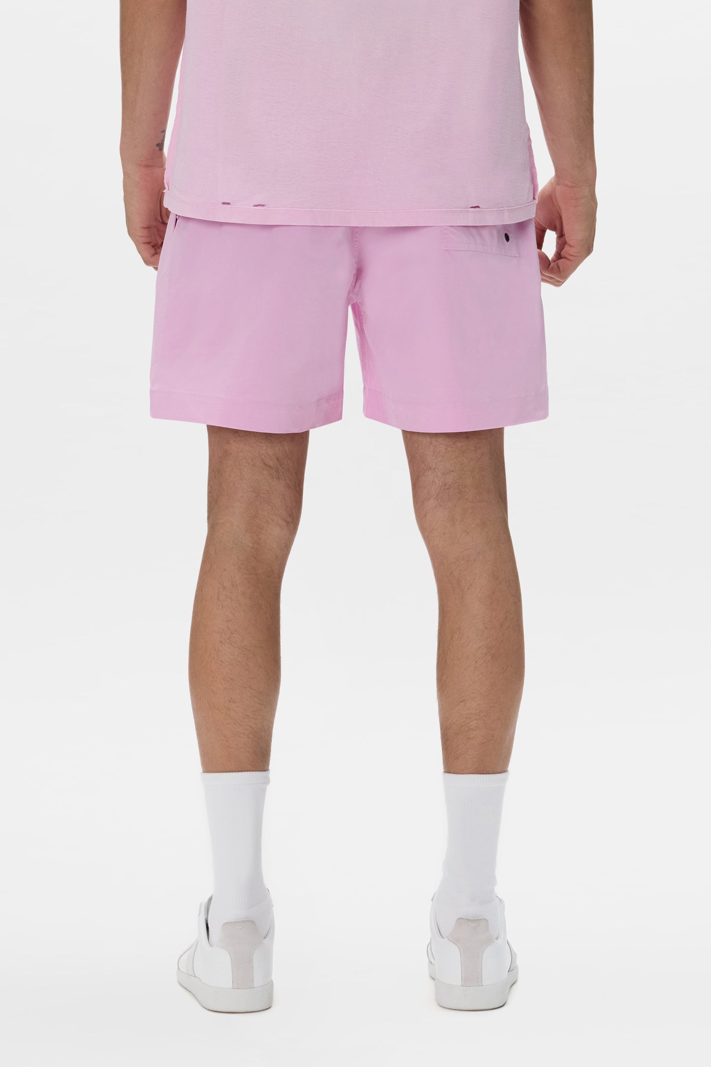 Slab Wordmark All Around Short in pink, 100% polyester swimwear with elastic waistband.